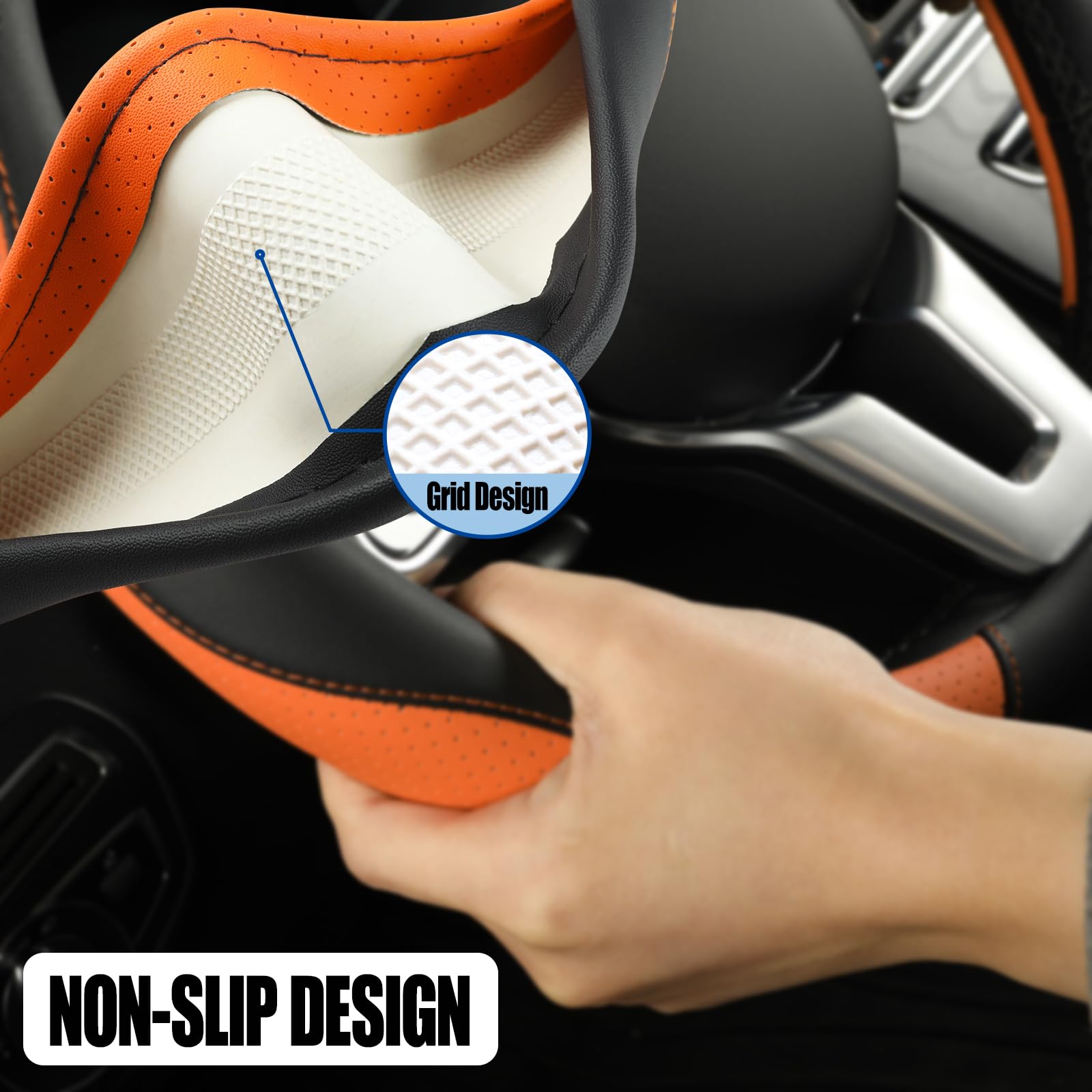 Binsheo Leather Steering Wheel Cover - Breathable, Anti-Slip, Black/Orange, Round-Middle (14.5''-15'') - Model BI-TQDKPGFXPT-BL