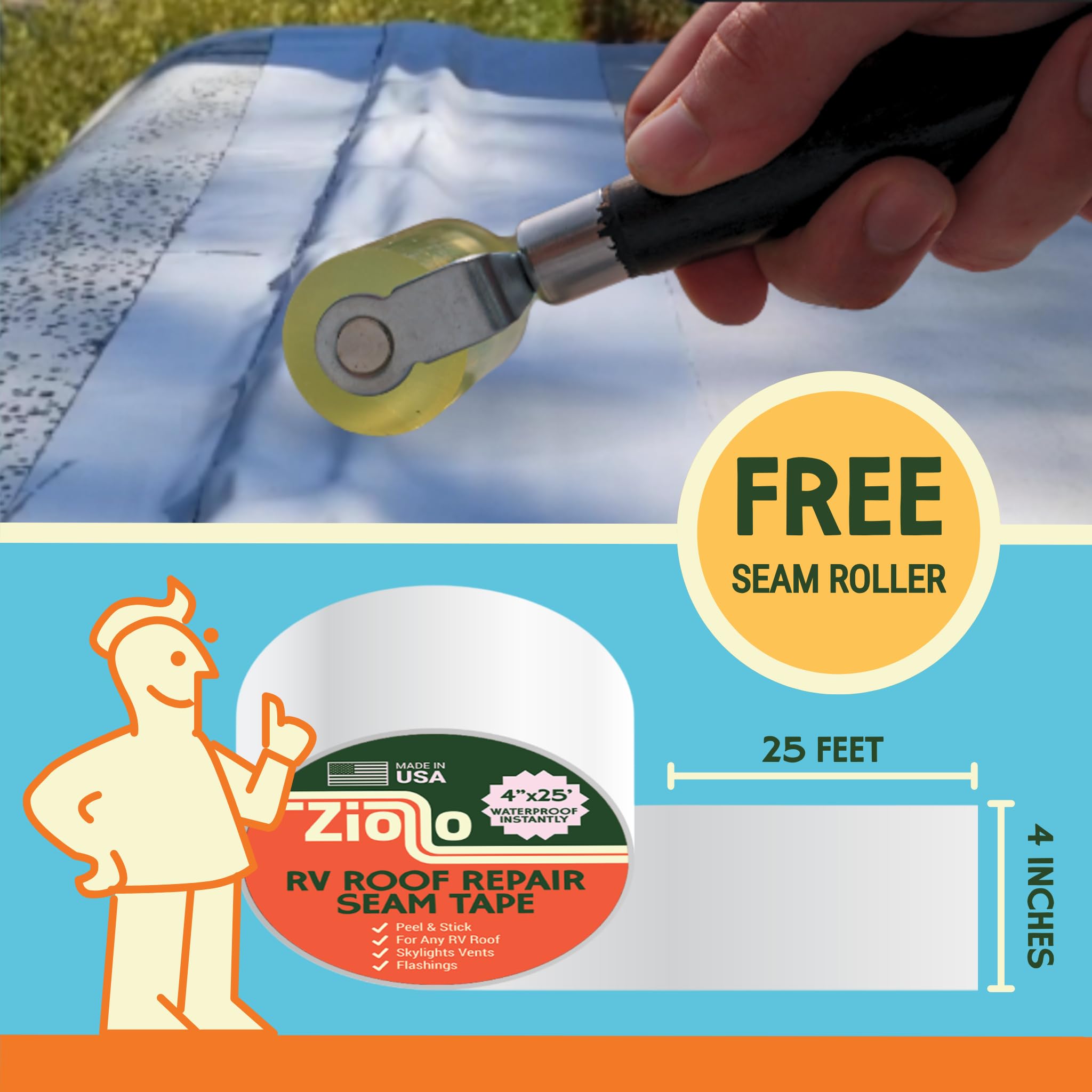 Ziollo RV Roof Repair Seam Tape - 4" x 25' Waterproof Tape for Campers, Motorhomes, Trailers - White, Works on EPDM, TPO, Metal, Fiberglass