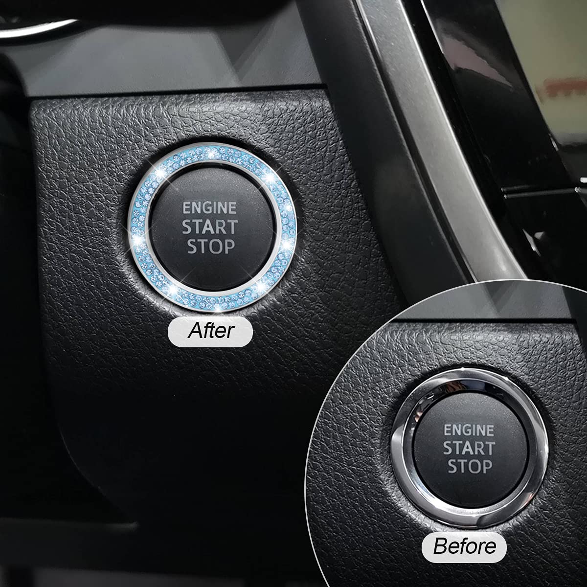 2 Pack Car Push Start Button Cover/Sticker, Key Ignition Knob Bling Ring, Sparkling Car Interior Accessories For Women (Blue1)
