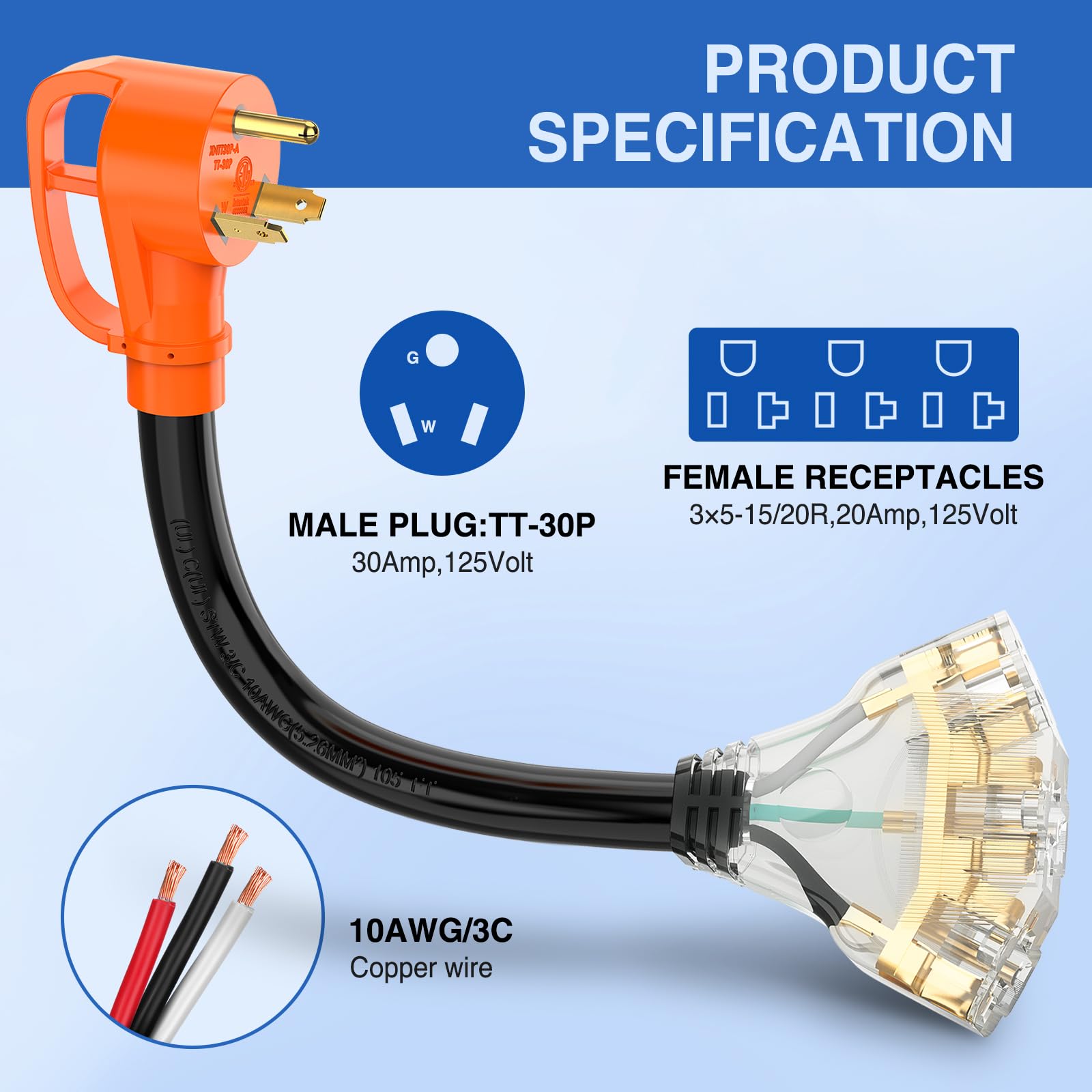 Nilight RV Adapter Cord 30 Amp to 15 Amp, 3 Prong TT-30P Male to 3X 5-15R/5-20R, ETL Listed,
