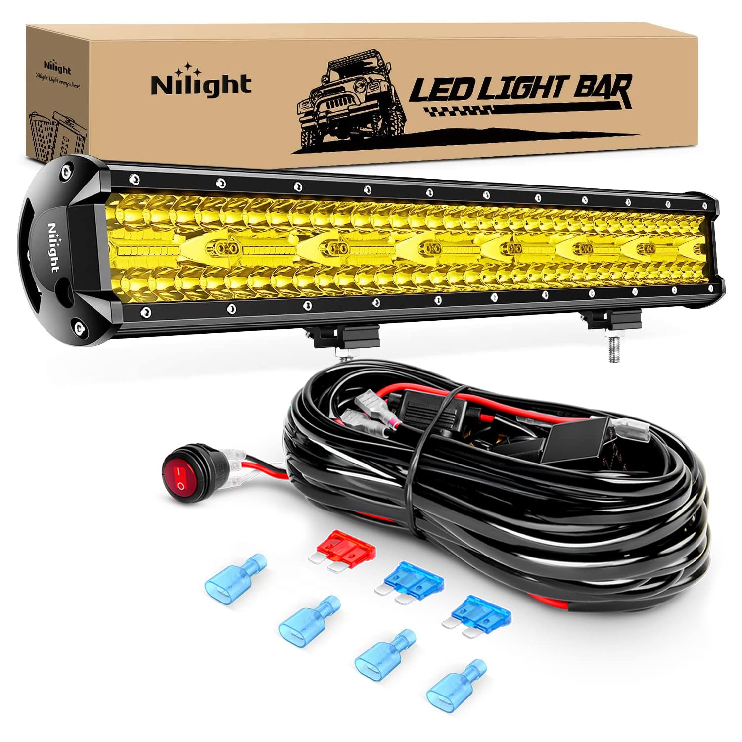Nilight 20 Inch 420W Led Light Bar Yellow Triple Row Flood Spot Combo 42000Lm Driving Boat Led Off Road Lights With 12V On/Off 5