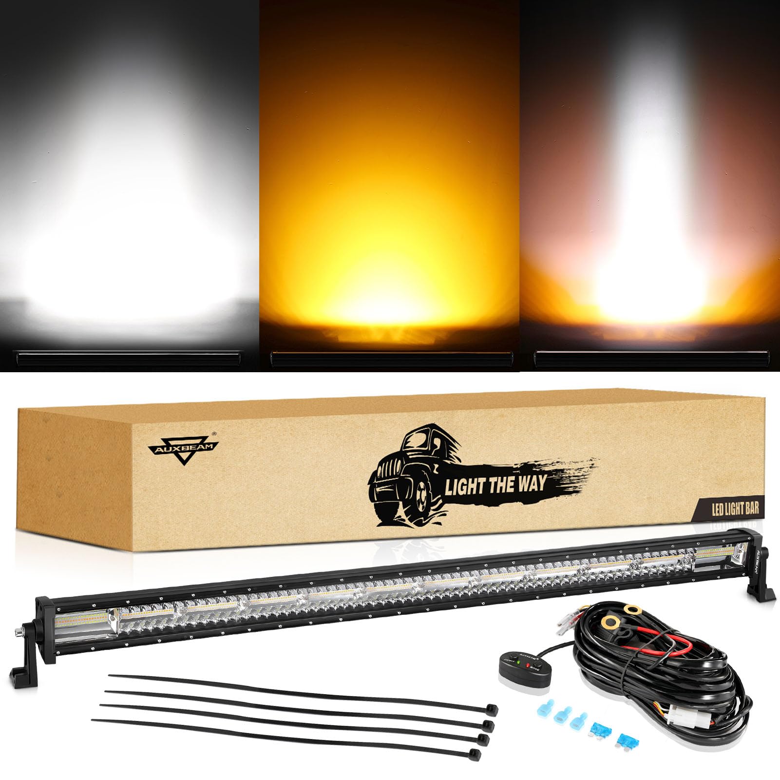 Auxbeam Led Straight Light Bar 50 Inch 288W Amber White Fog Lights, 6 Modes Strobe Yellow Offroad Driving Work Light With Memory