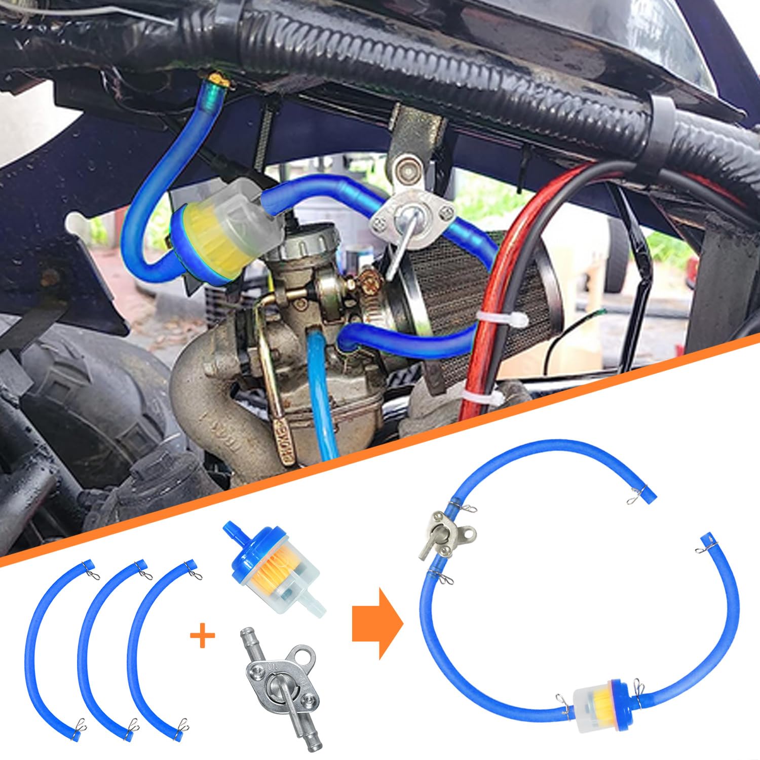 HOLATO Gas Fuel Line Hose Clamps with Inline Shut Off Valve Set for 50cc-150cc ATV/Dirt Bike - Blue, Model HLT-YG-KG