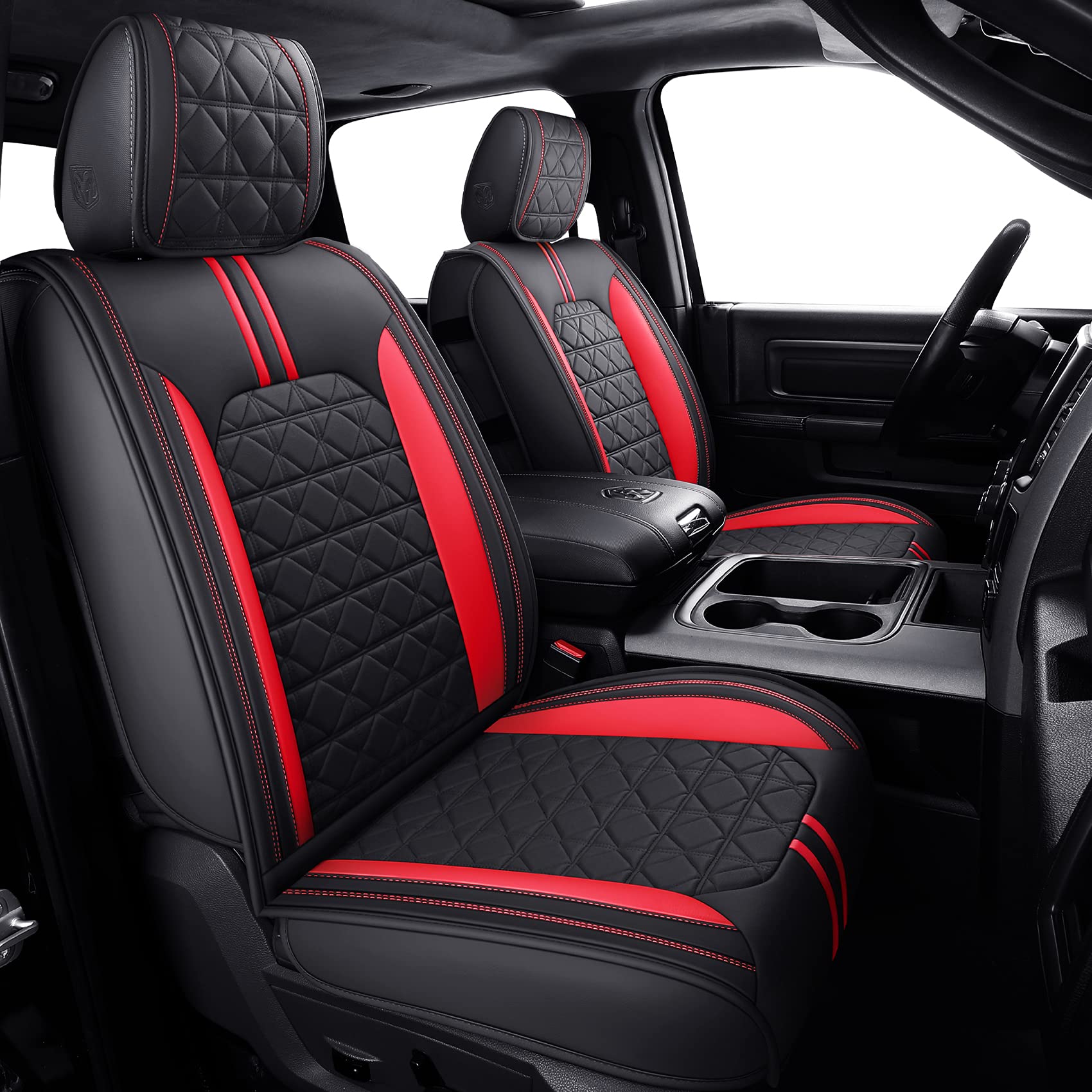 Yiertai Seat Covers For Dodge Ram Custom Fit 2009-2025 1500/2500/3500Hd Big Long Horn Rebel Laramie Tradesman Crew Double Cab Quad Cab Truck Seat Protectors(2 Pcs Front Only/Black-Red)