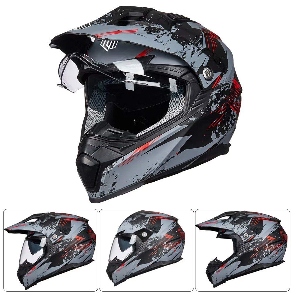 Ilm Off Road Motorcycle Dual Sport Helmet Full Face Sun Visor Dirt Bike Atv Motocross Casco Dot Certified Model 606V(Grey Red, L