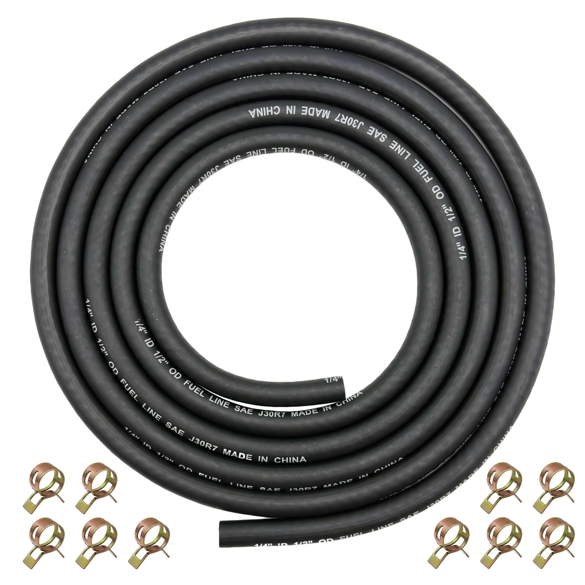 YGQ 1/4 ID Fuel Hose Line Braided NBR Rubber Tubing 8 Feet for Automotives Generator Lawn Mower with 10 Clamps (6.4mm ID)
