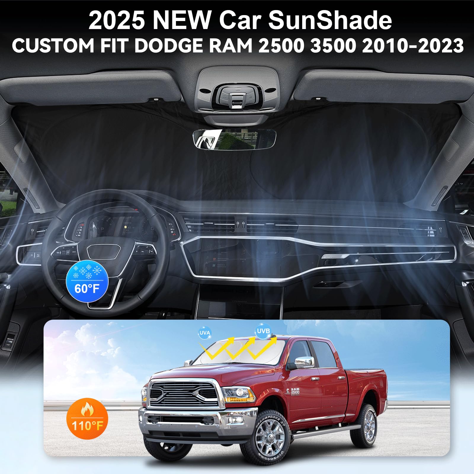 BOODANCARS Windshield Sunshade for RAM 2500/3500 2010-2026, Red, UV Protection, Fits 2Dr Regular Cab, 4Dr Quad Cab,