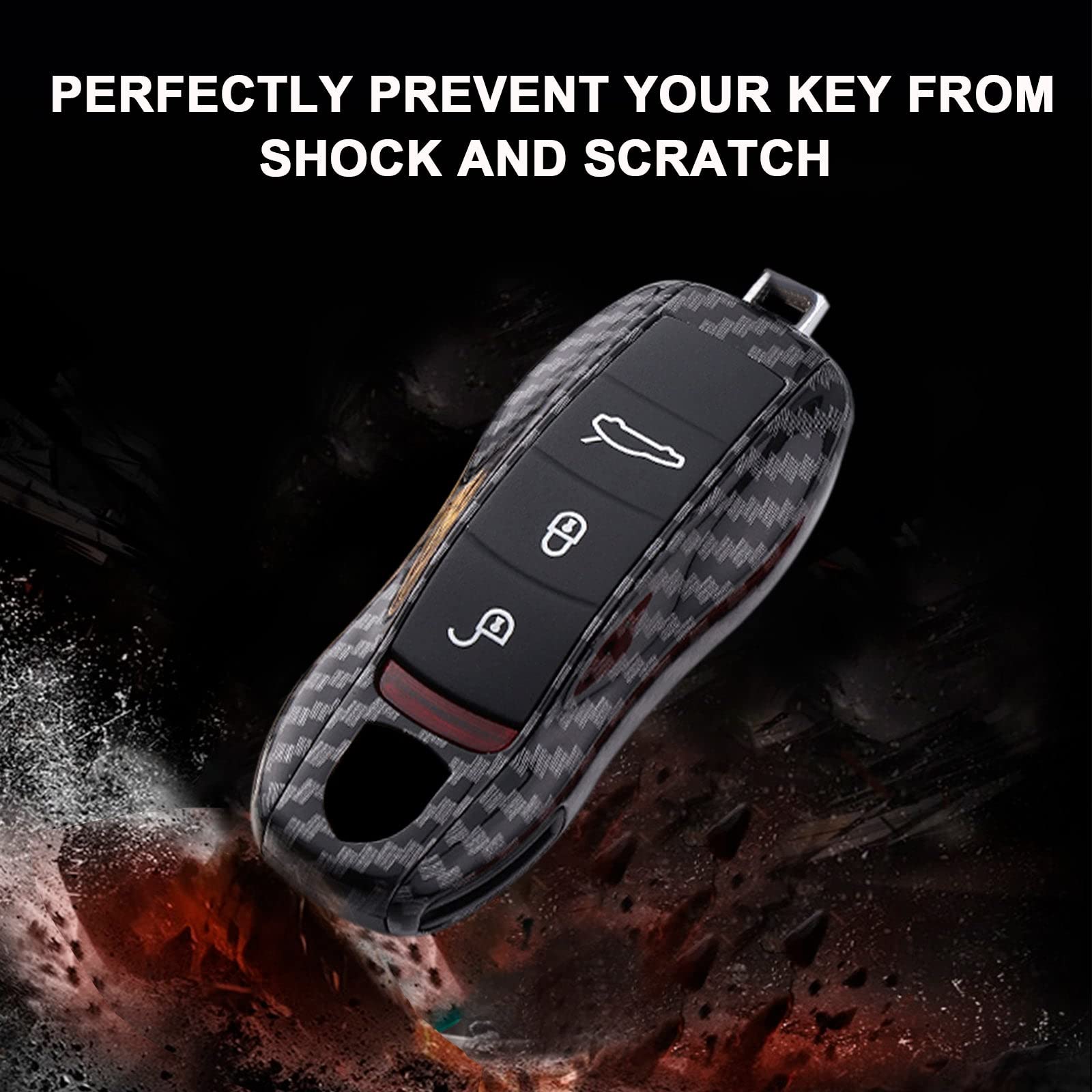Xotic Tech Carbon Fiber Style Key Fob Cover Smart Remote Shell Case, 3 Pcs Set Full Protection, Compatible With Porsche Boxster