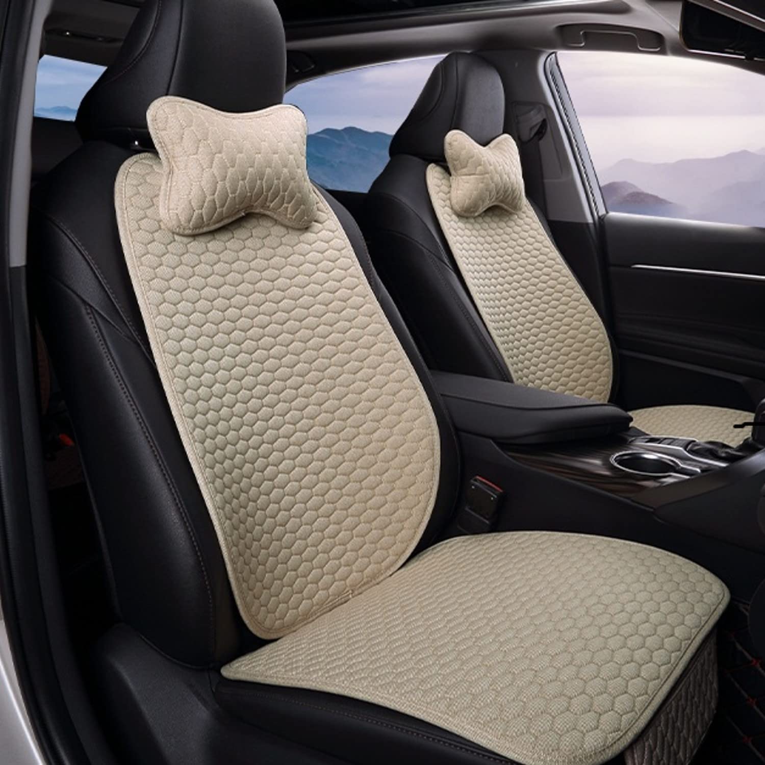Hukimoyo 6in1 Car Seat Cover Protector Mat with Neck Pillow, Breathable Cotton Linen AntiSlip Driver Seat Protector, Universa