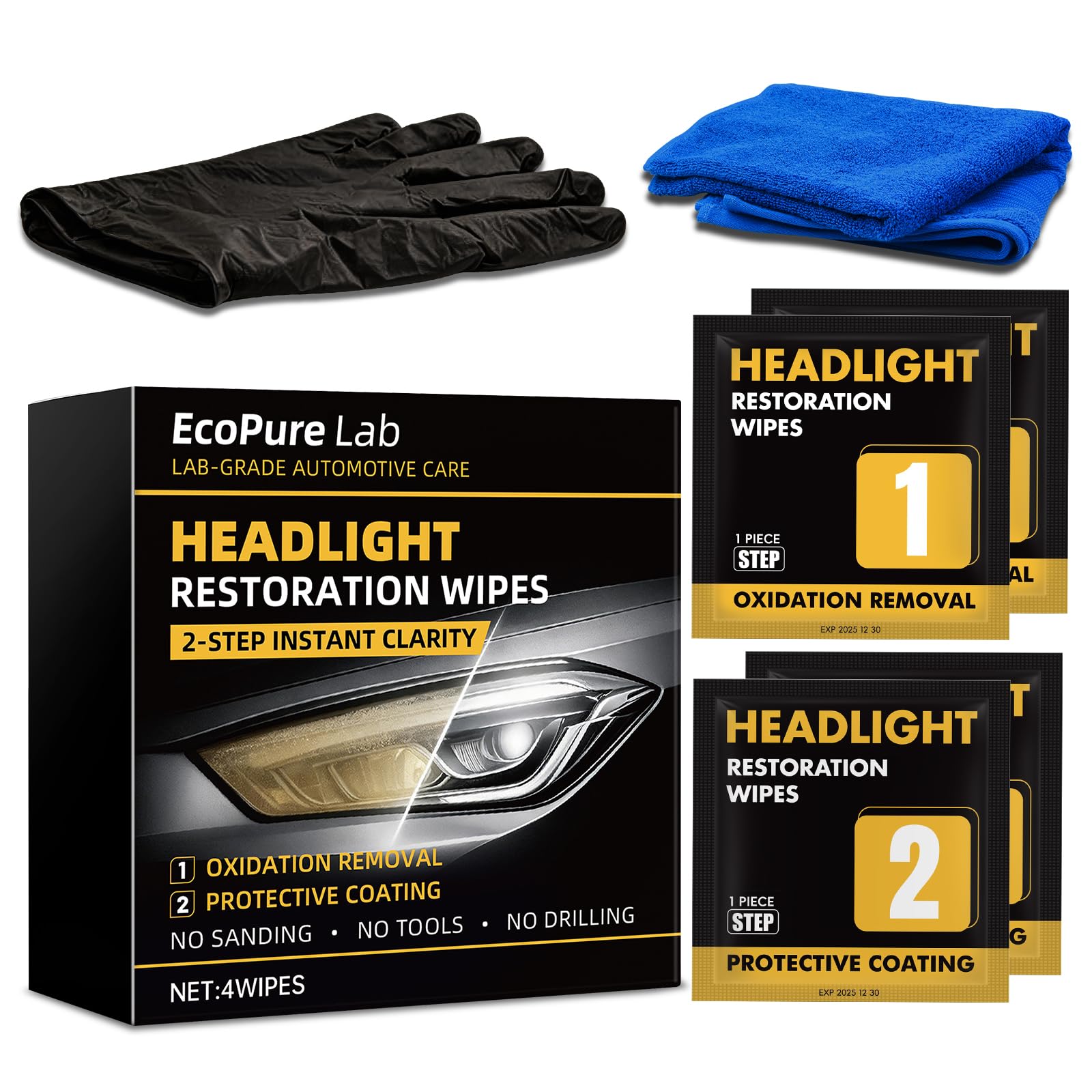 EcoPure Lab 2-Step Headlight Restoration Wipes-No Sanding Car Headlight Restoration Kit with Oxidation Remover&Ceramic Coating,U