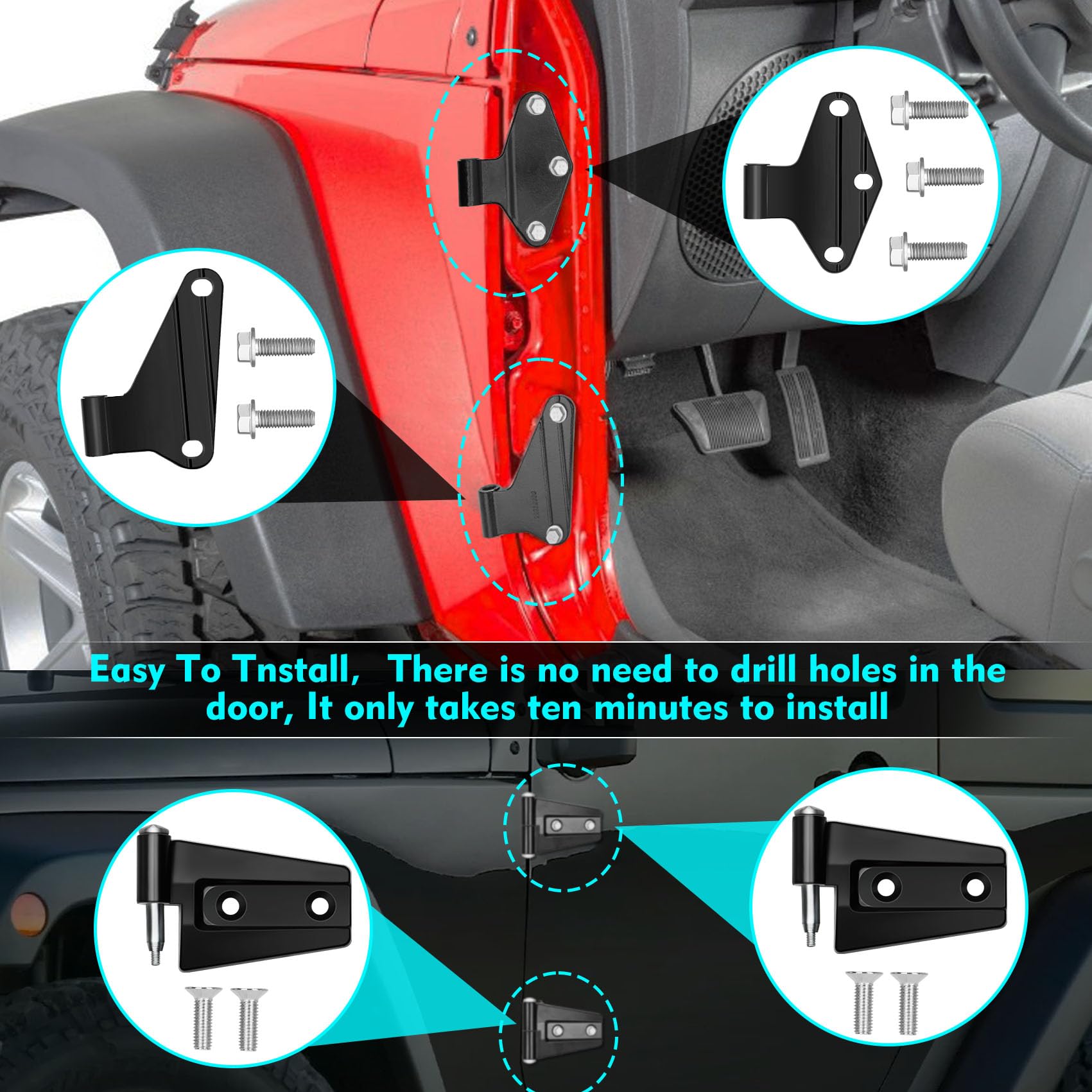 4 Door Hinge Assembly Kits Compatible with 2007-2018 Jeep Wrangler JK JKU Unlimited Rubicon Sahara, Fits Jeep Wrangler JK Inside