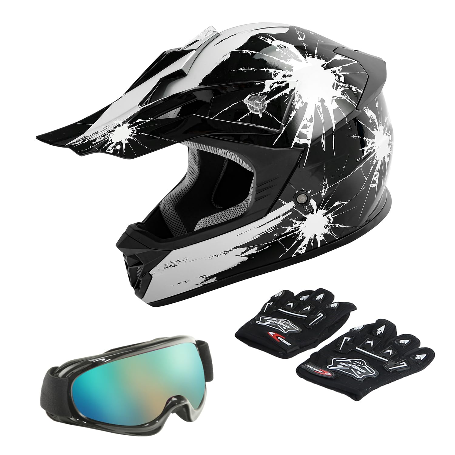 Tct-Motorparts Dot Youth Kids Motocross Atv Helmets Offroad Street Dirt Bike Go-Kart Bmx Mx Full Face Helmet Black W/White Firew