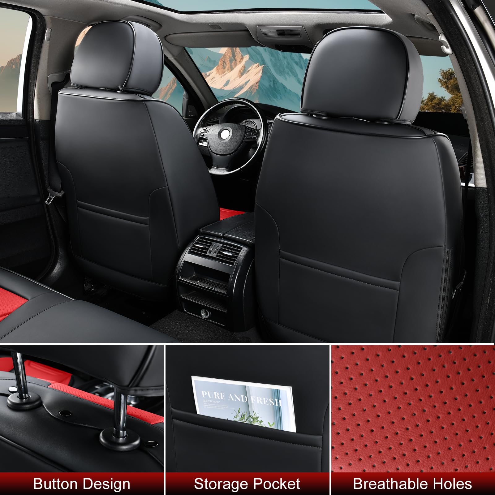 Car Seat Covers Full Set, Breathable Leather Automotive Front And Rear Seat Covers & Headrest For Reduce The Driving Fatigue, Co
