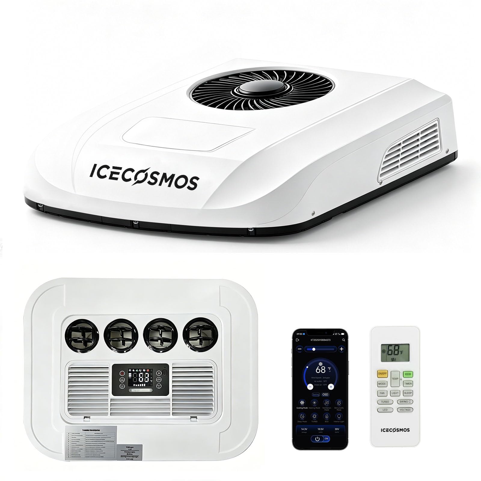 ICECOSMOS 5.5 Ultra-Slim Mini Body Low-Profile Rooftop 12V DC Inverter RV Air Conditioner - Air 360 Flow, AWG#6 230 Inches Power