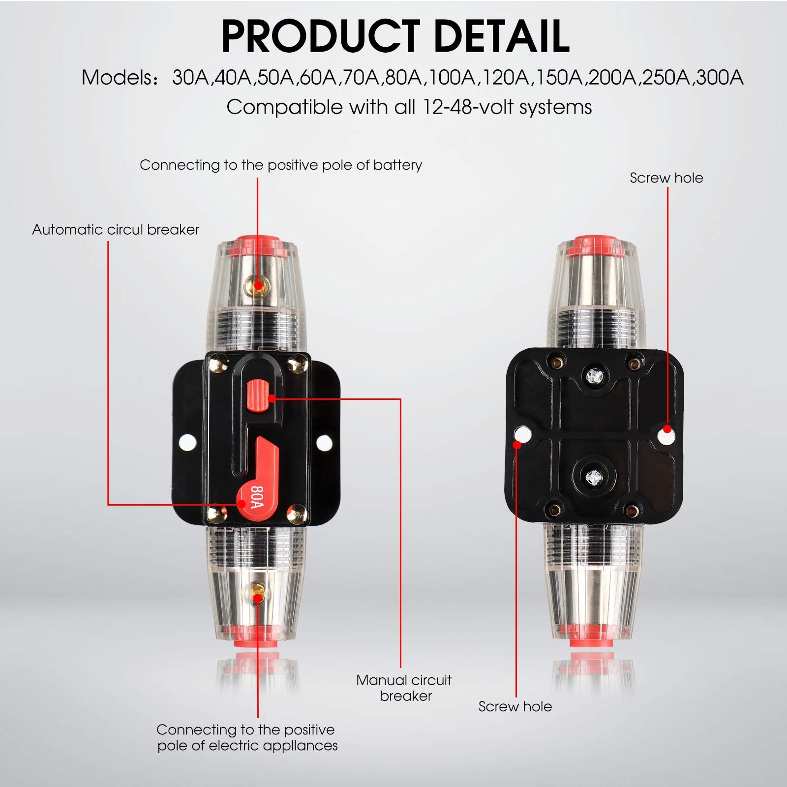 M1A2 Circuit Breaker Switch 80A Waterproof Fuse Inline Holder 3-15 Awg Resettable Fuse Manual Reset 12V-48V Dc For Car Audio Sou