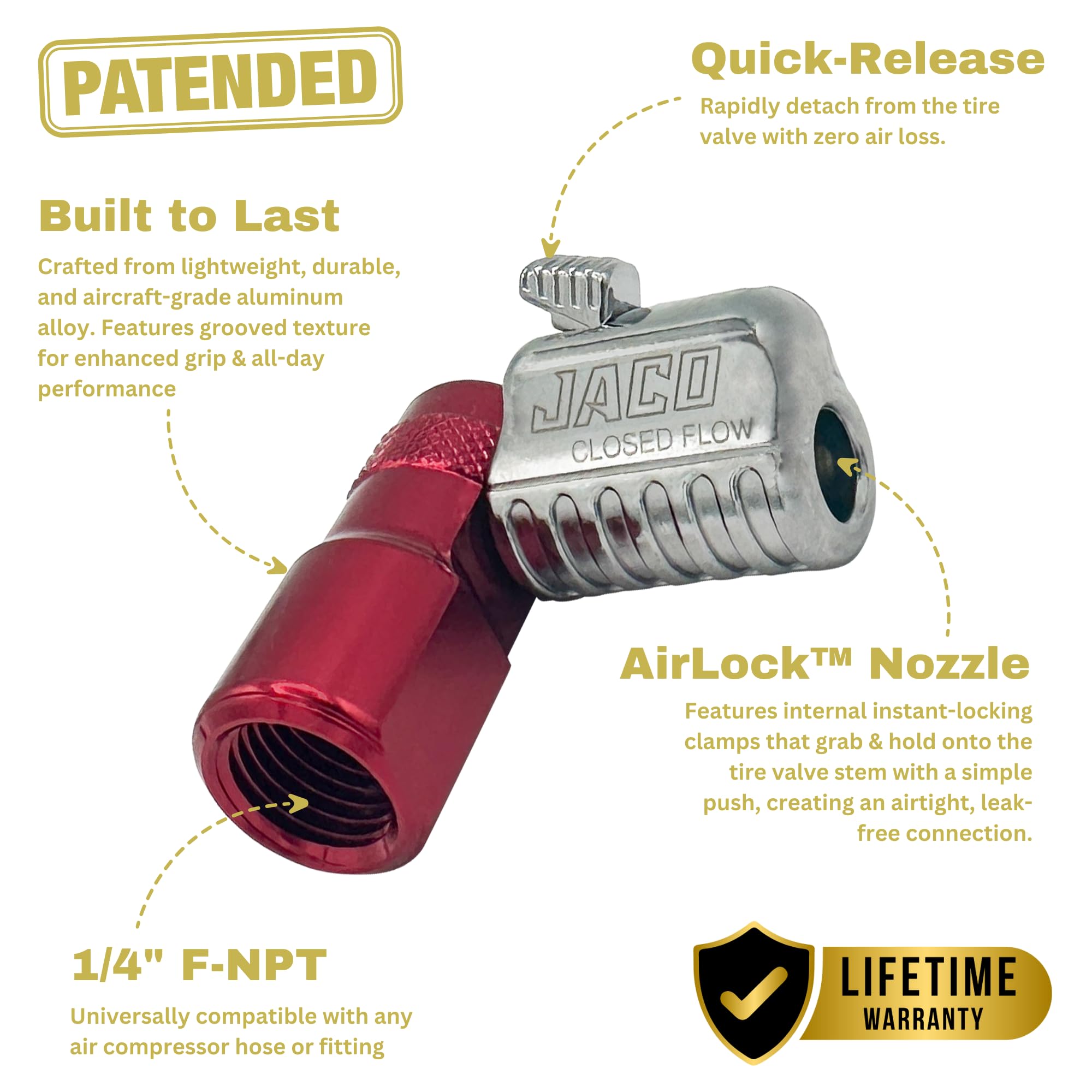 JACO Superior Products Lightning L2-Series Tire Air Chuck - 1/4" F-NPT, Closed Flow, 1-Pack