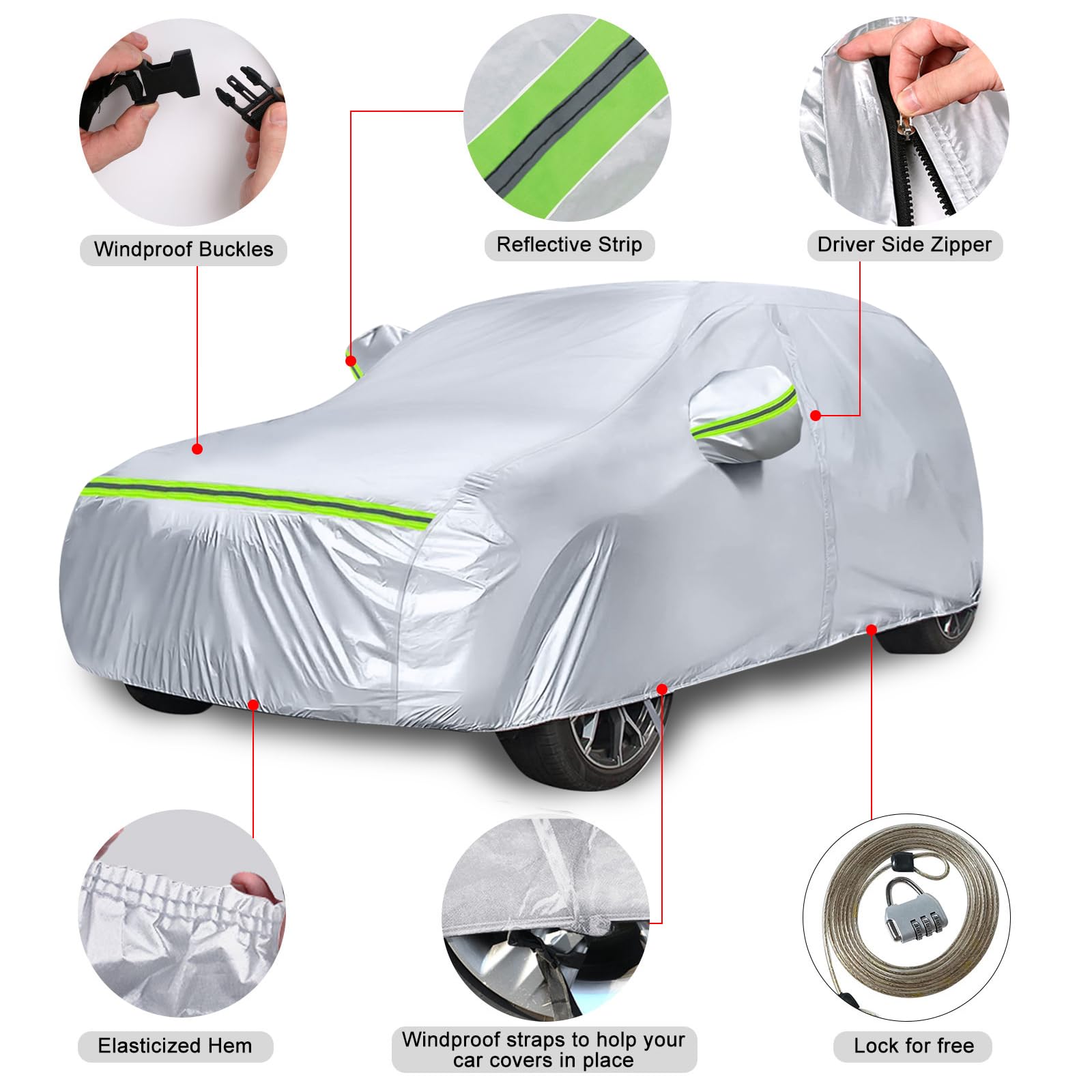 Waterproof Car Covers Replace For 2014-2025 Jeep Cherokee, 6 Layers Silver All Weather Custom-Fit Car Cover With Zipper Door & W