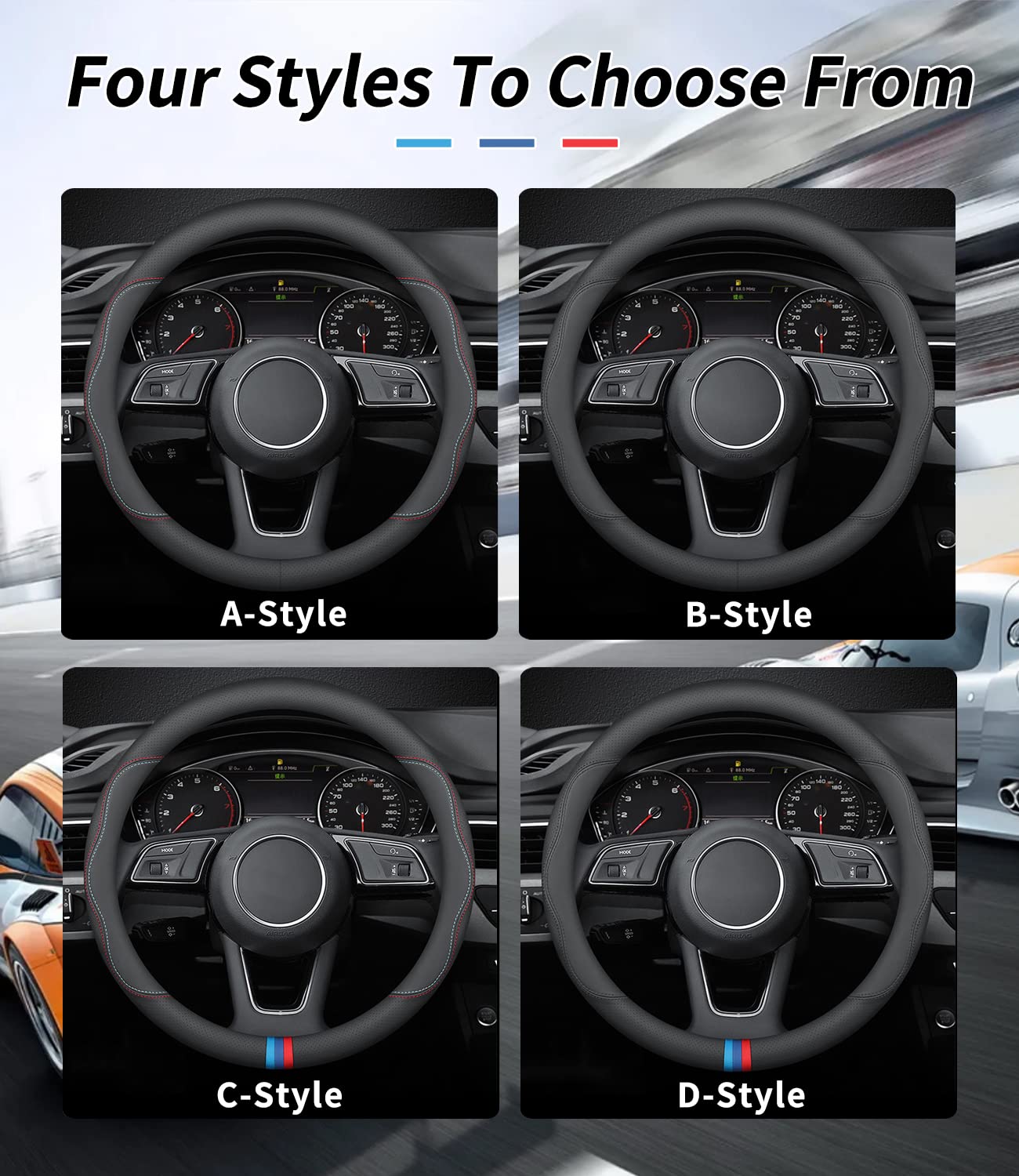Deer Route Premium Leather Steering Wheel Cover for Mazda, Non-Slip, Breathable, C-Style, Model FangXiangCover-816079