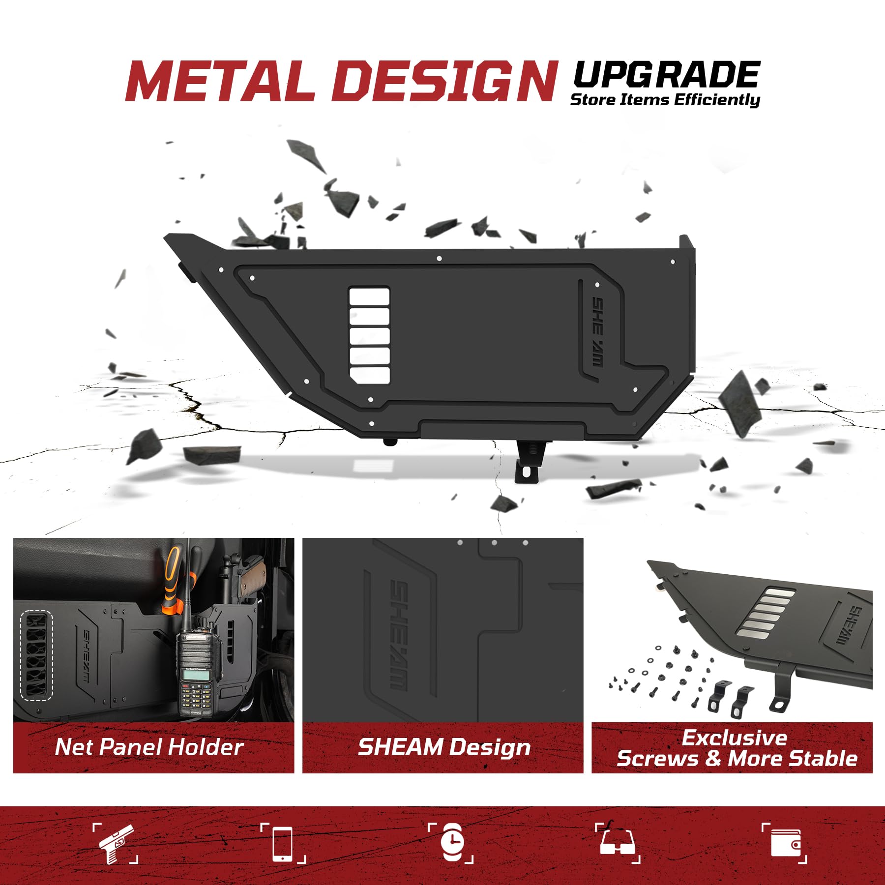 SHEAM Metal Door Pocket Storage Box for 2018-2023 Jeep Wrangler JL/JT, Rear Door Organizer, 2PCS, Durable Design