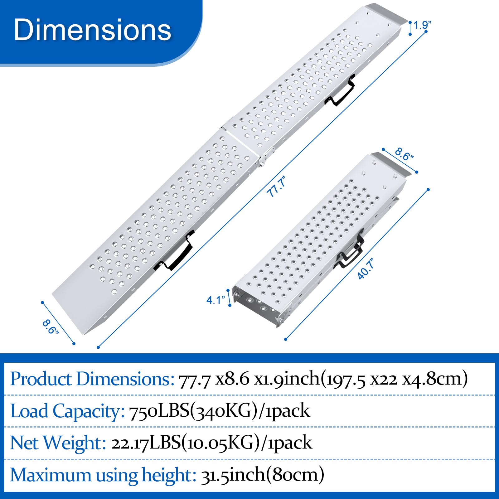 Arejonner 77.7 inches Long and 8.6 inches Wide Heavy Duty Folding Loading Ramp, Motorcycle; Lawn Mower; Snow Plough; Bikes; ATV;
