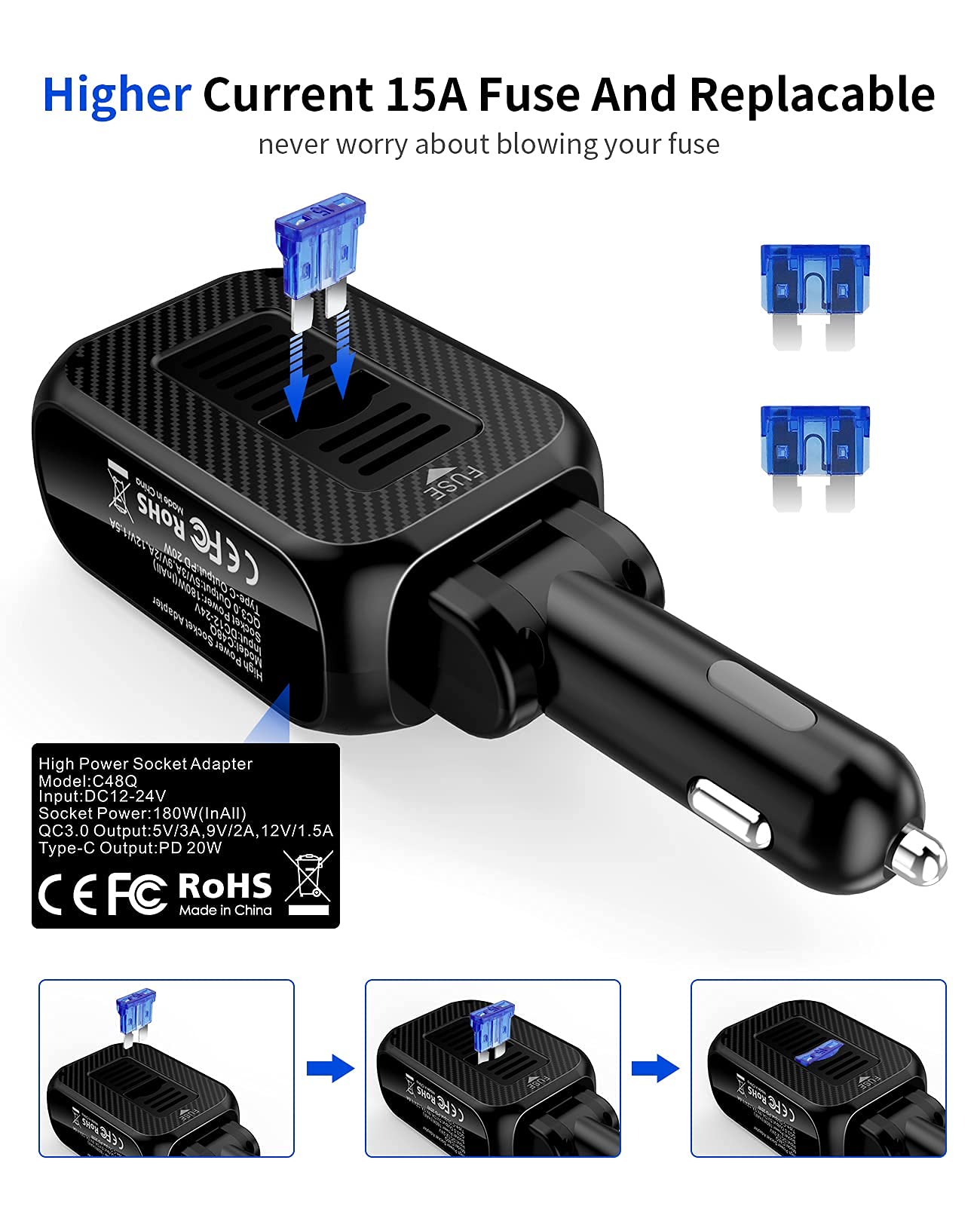SUPERONE 180W Cigarette Lighter Splitter Adapter, 20W PD & QC 3.0 Fast USB C Charger, Black, Model C48Q