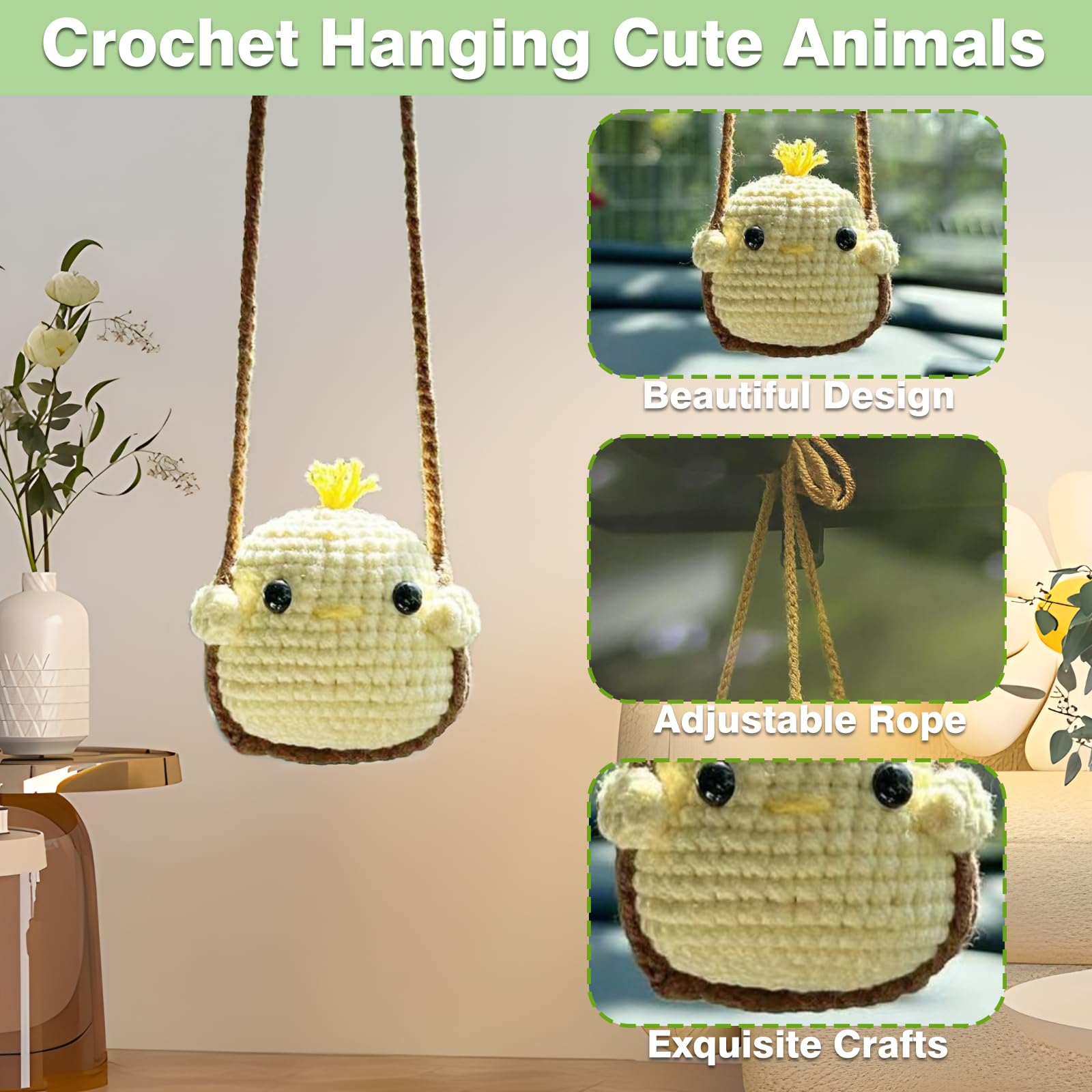 Crochet Swinging Animal Car Mirror Hanging Accessories, Cute Car Decorations For Women Aesthetic, Handmade Knitted Rearview Mirr