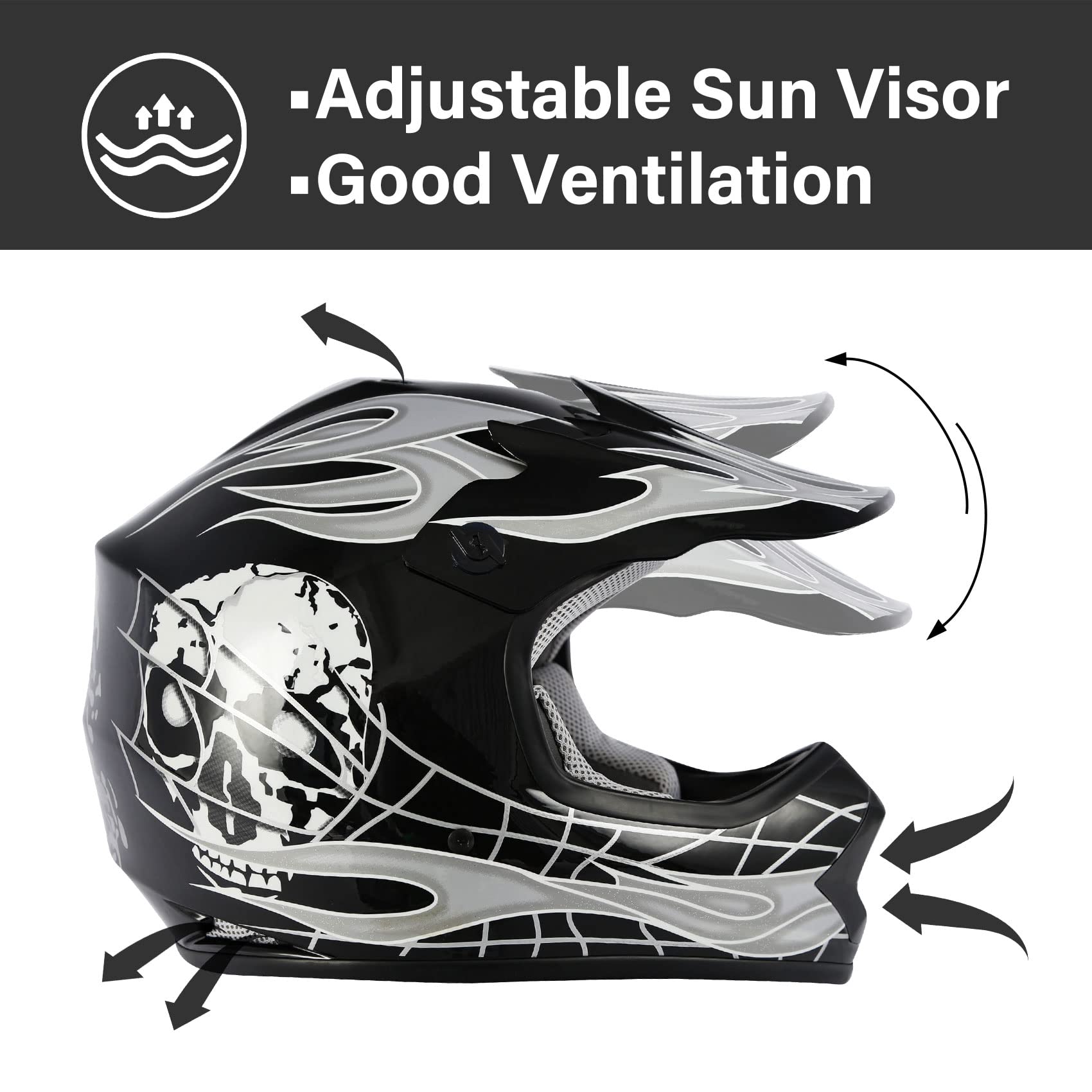 TCMT Youth X-Large Motocross Helmet Set - Black Skull Pattern, ABS Material, Includes Goggles & Gloves