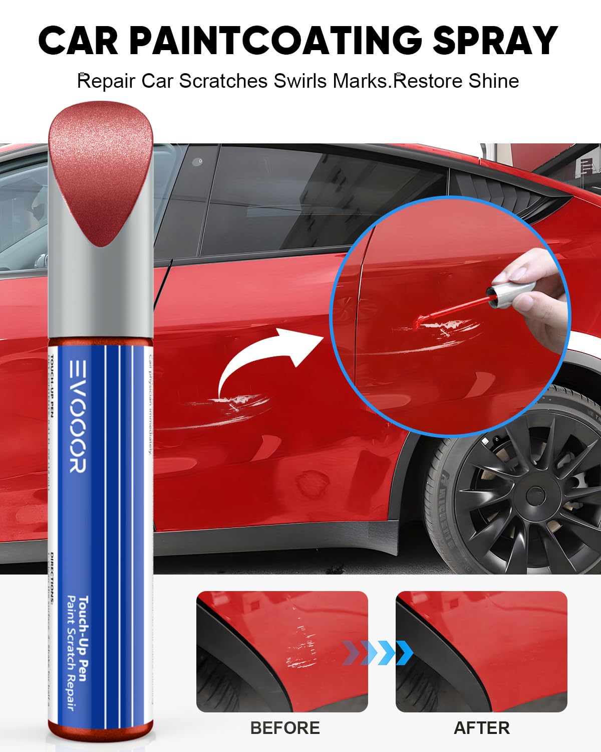 Evooor For Tesla Red Touch Up Paint - Diy Scratches Repair With Color-Matched For Model 3/Y/S/X (Red (Pmmr/Ppmr))