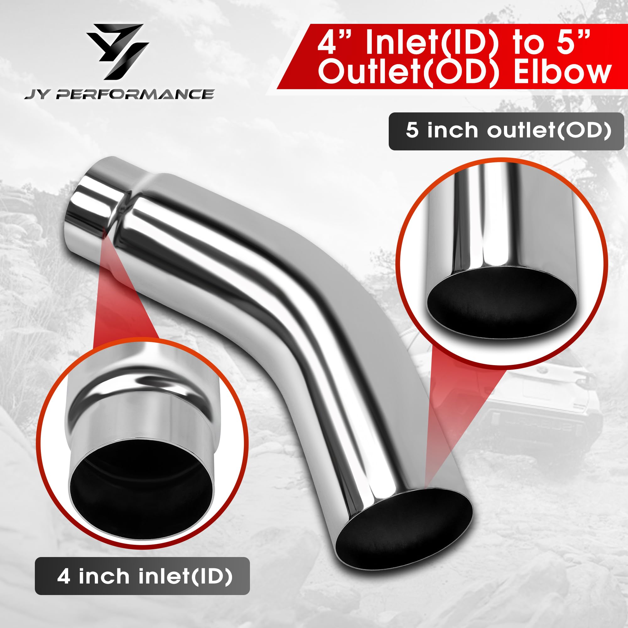 JY PERFORMANCE Diesel Exhaust Tip Elbow 4" Inlet 5" Outlet Chrome 23" Long Alloy Steel Model DAC910-4