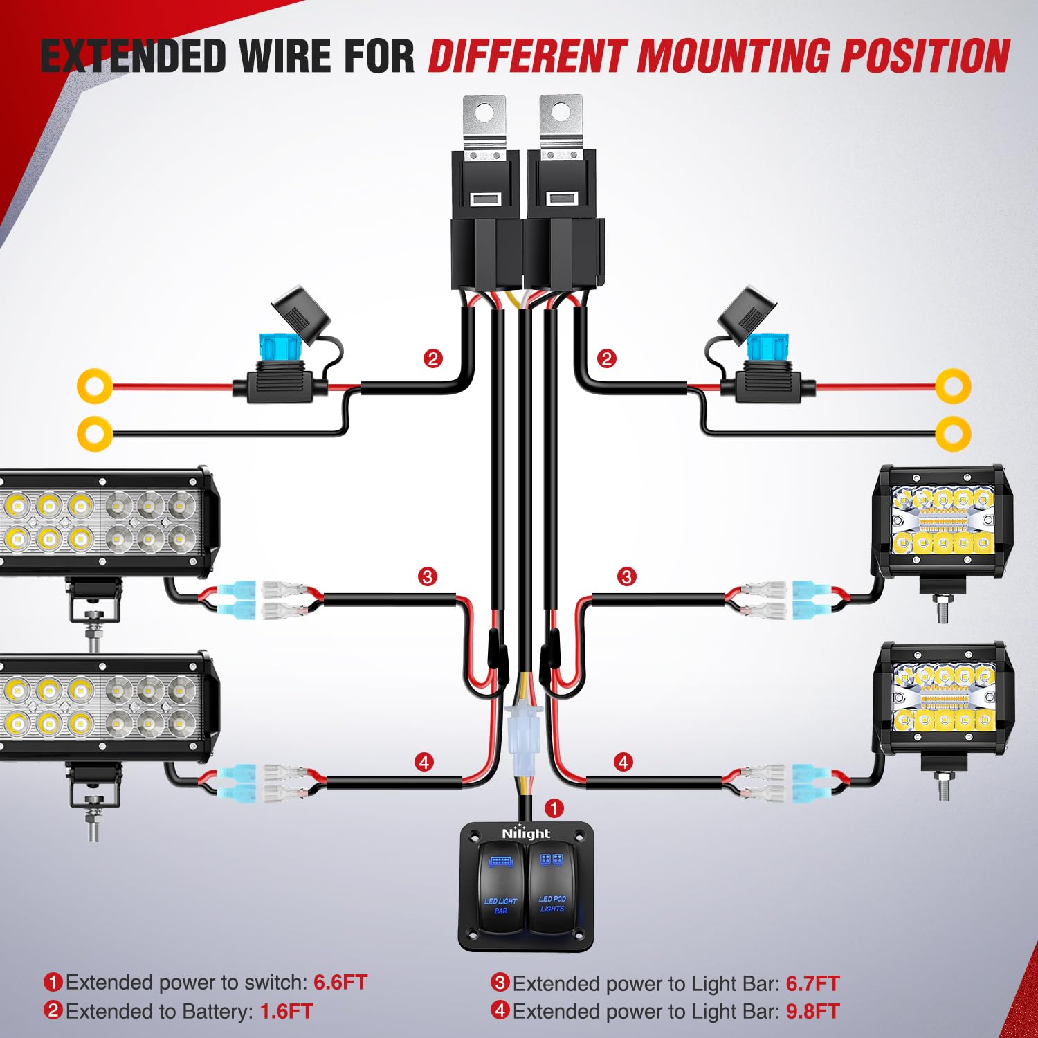 Nilight 16Awg Led Light Bar Wiring Harness Kit 12V On/Off 2 Gang Rocker Switch Panel Power Relay Blade Fuse 5Pin Toggle Switches