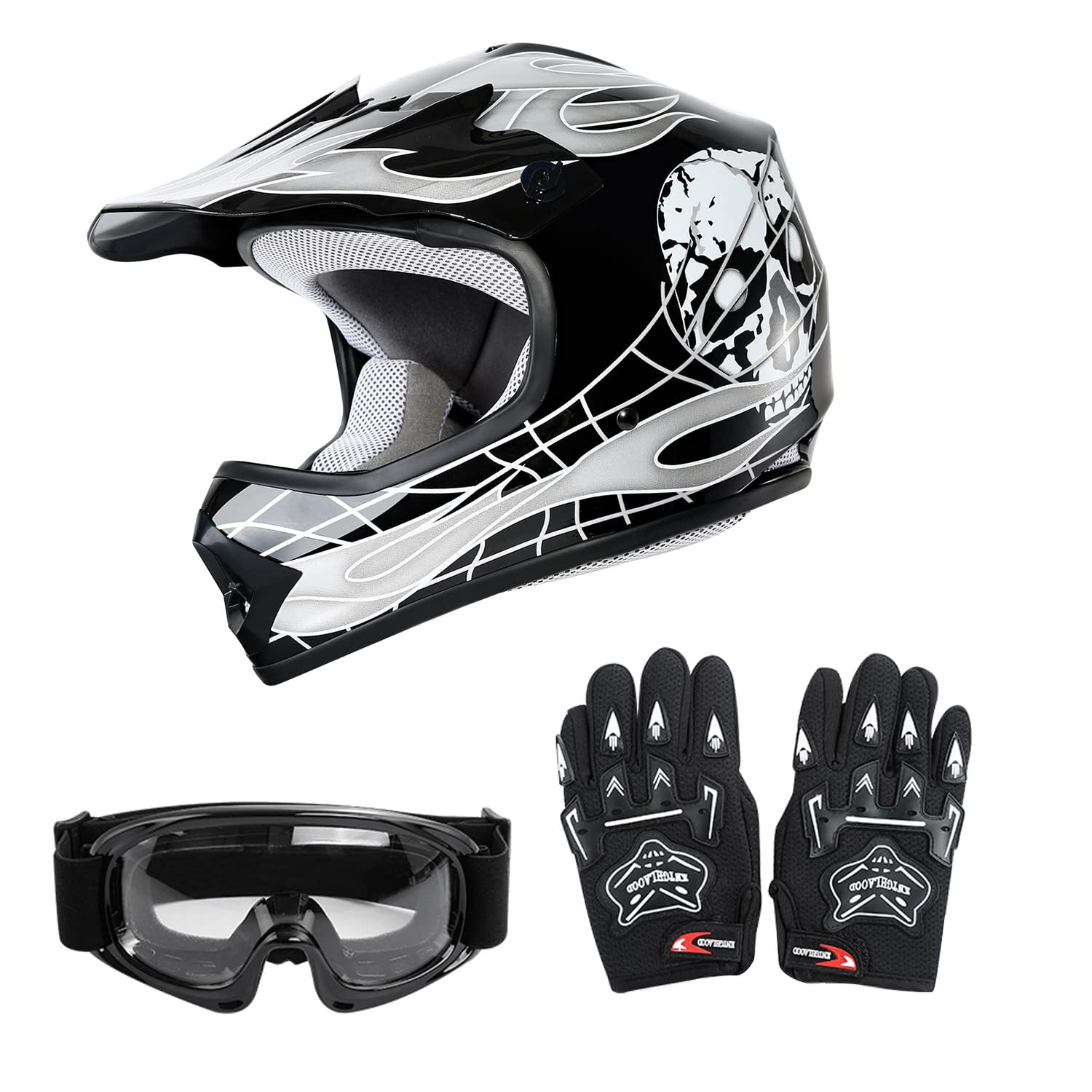 Slmoto Dot Youth Kids Helmet Motocross Offroad Street Helmet Motorcycle Helmet Dirt Bike Motocross Atv Black Skull Design Helmet+Goggles+Gloves