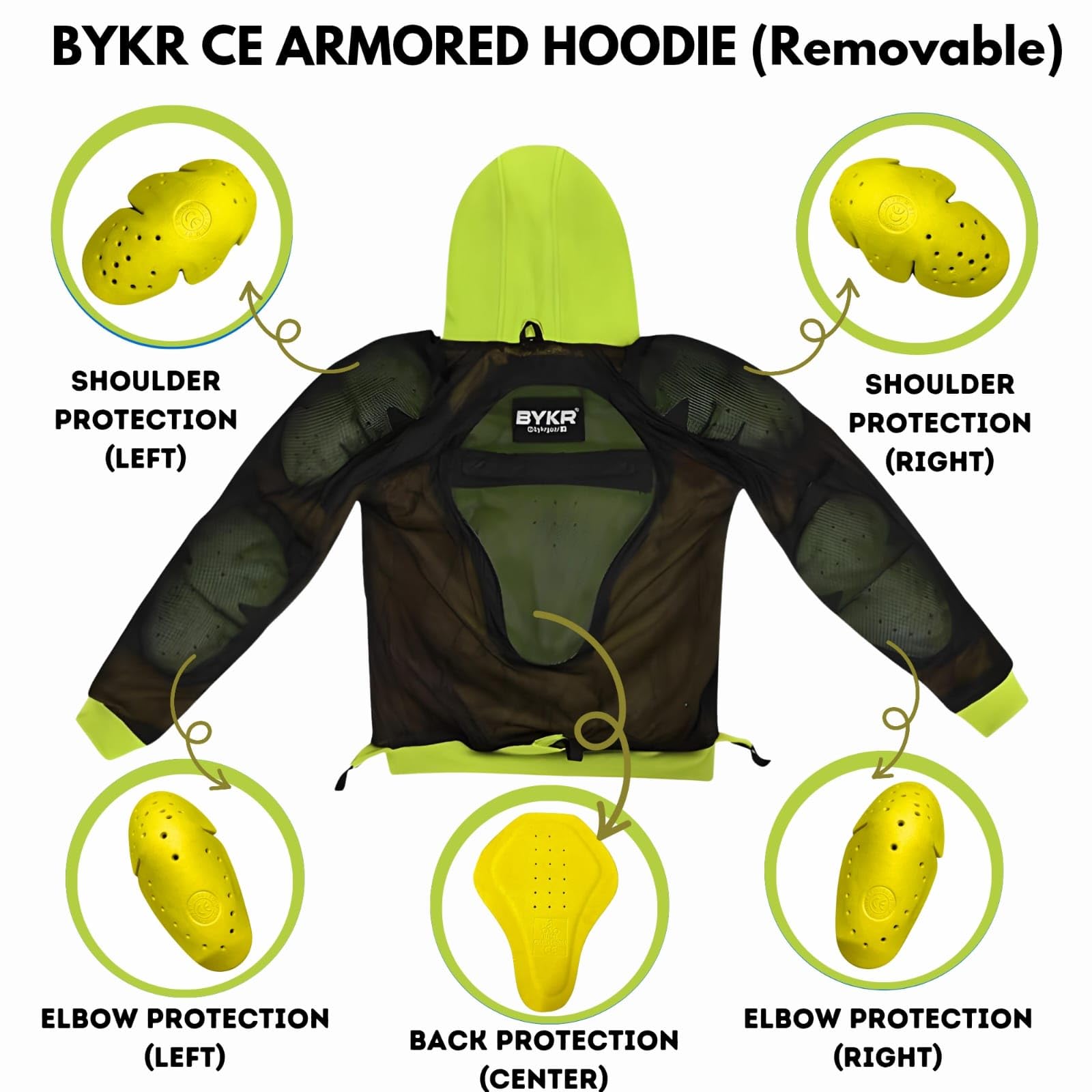 BYKR Motorcycle Hoodie for Men & Women, Breathable Cotton/Poly Blend, CE Armored, Medium, Fluorescent Green