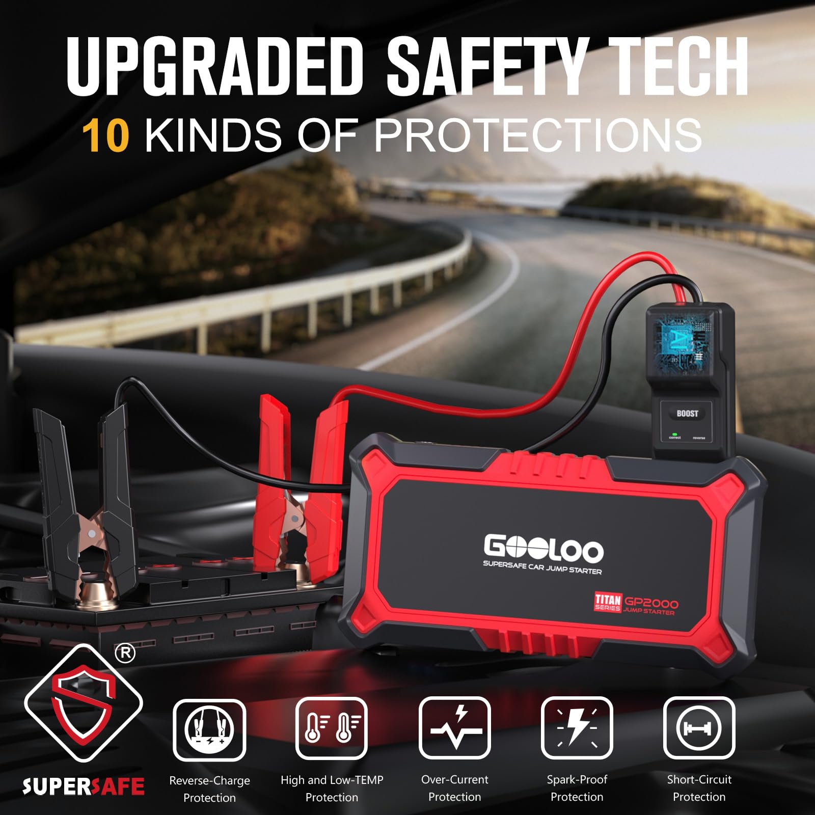 GOOLOO GP2000 Jump Starter, 12V 2000A for Gas/Diesel Engines, Red Portable Battery Charger with USB Quick Charge
