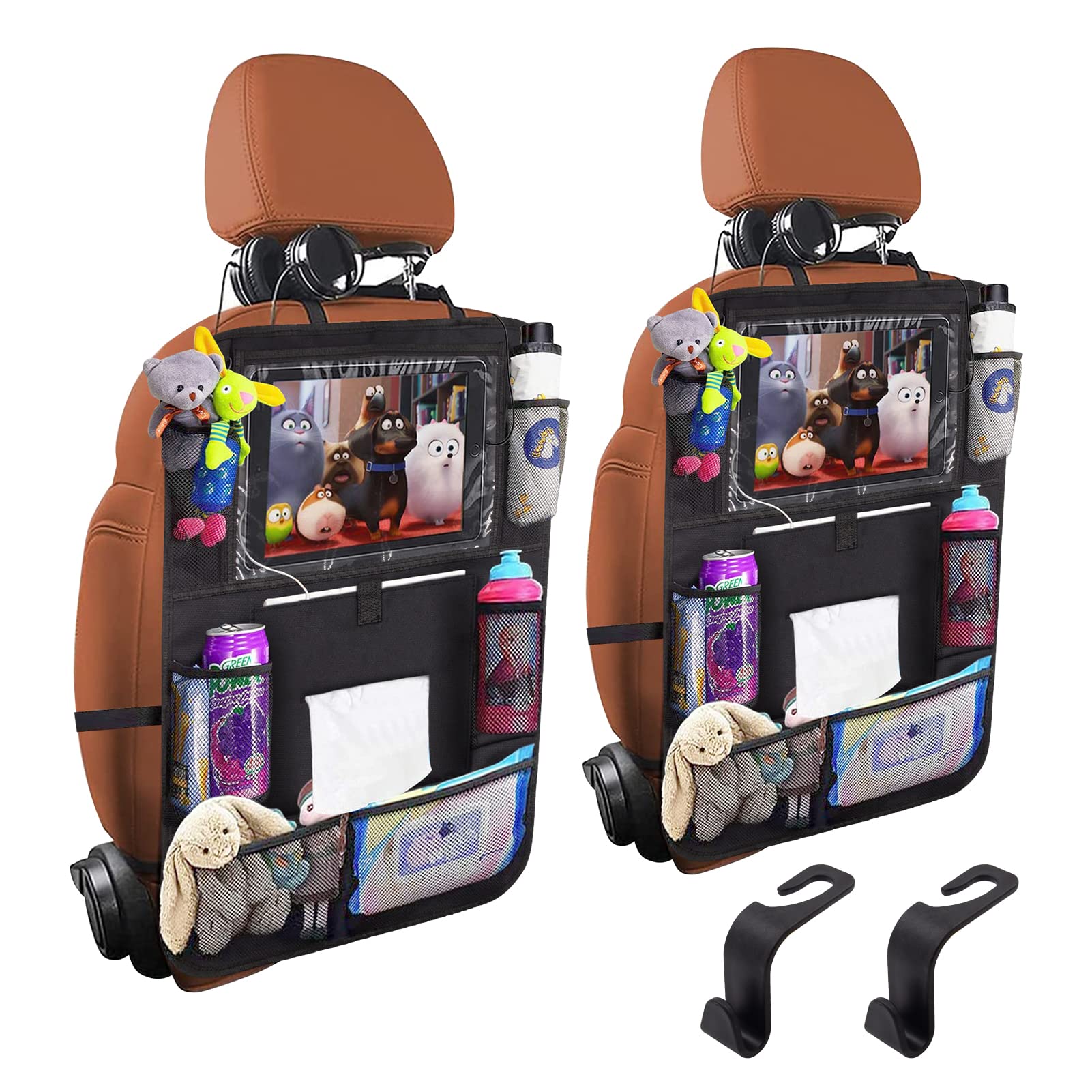 Backseat Car Organizer 2 Pcs,Car Storage Organizer With Touch Tablet Holder Tissue Box Seat Back Protectors With 8 Storage Pockets Earphone/Charging Hole,Travel Accessories,Road Trip Essential Kids