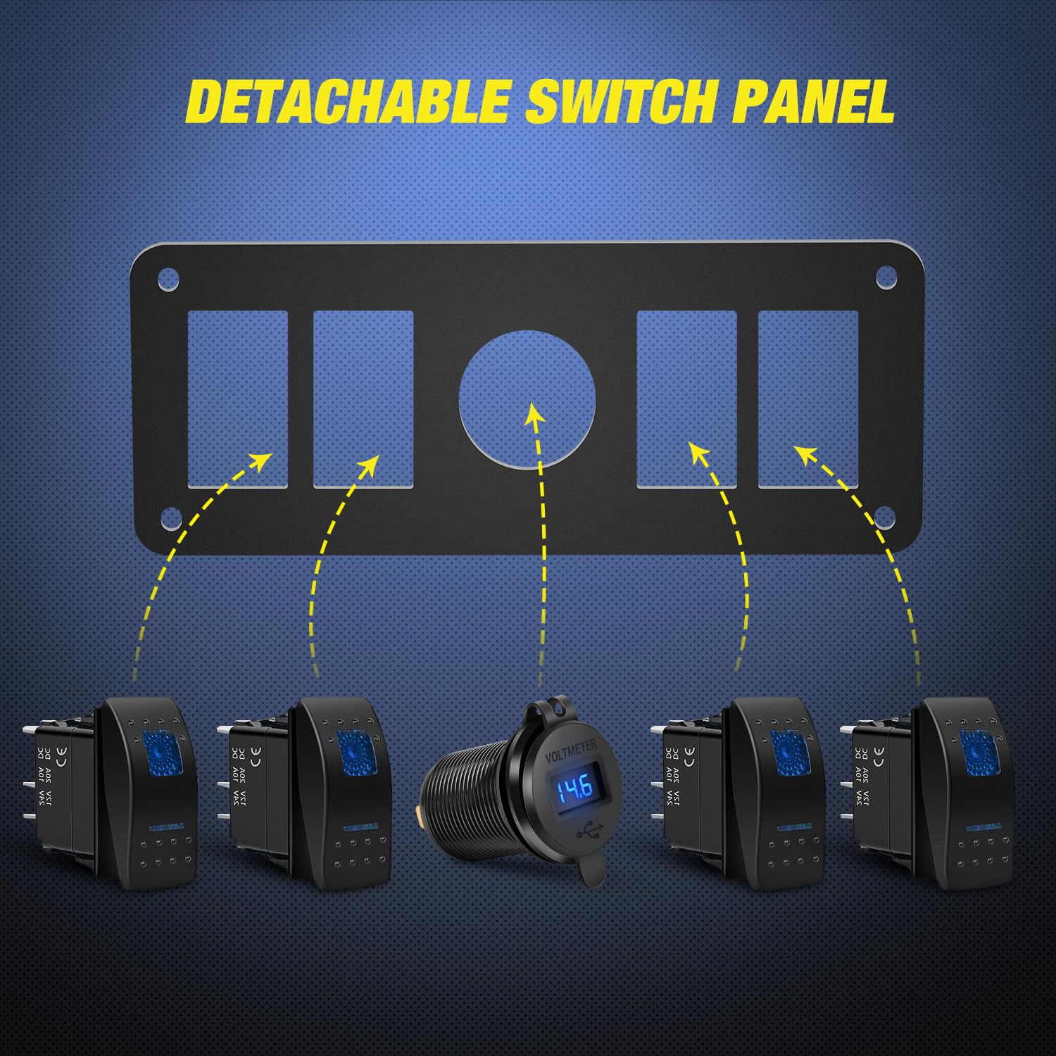 Nilight 4 Gang Rocker Switch Panel with USB Charger & Voltmeter, Waterproof, Aluminum, Type C + USB Blue, Model 90431B