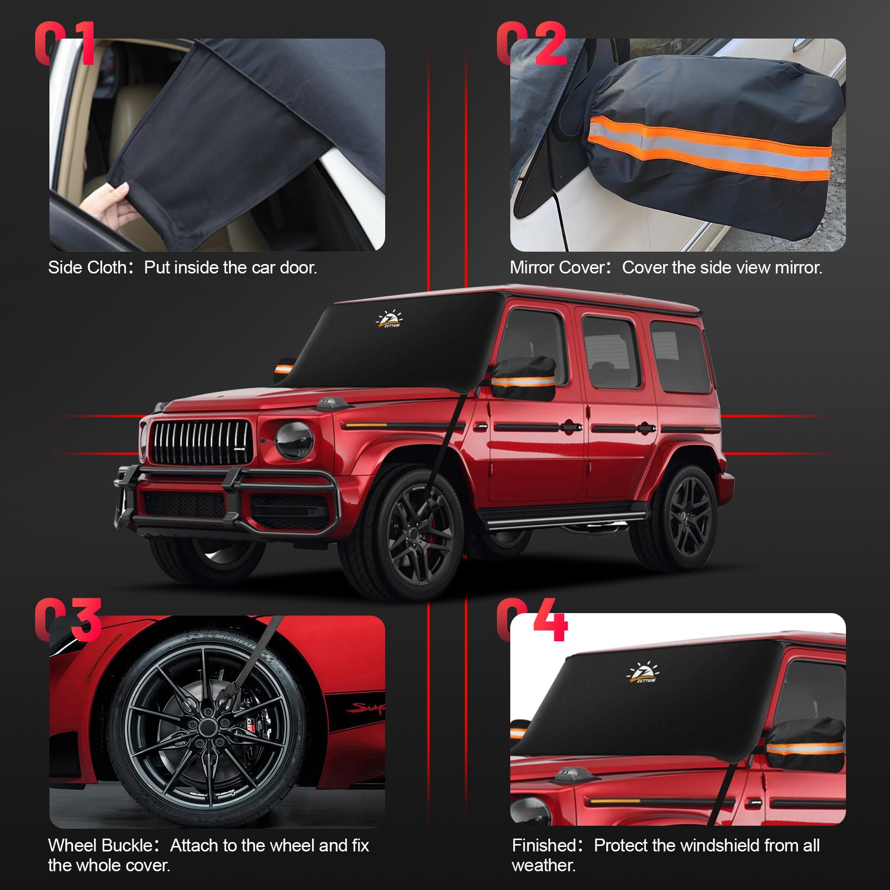 Zettum Car Windshield Cover, 600D Oxford Cloth, Black, 70x50 Inch, Heavy Duty Ice & Snow Protection for Most Vehicles