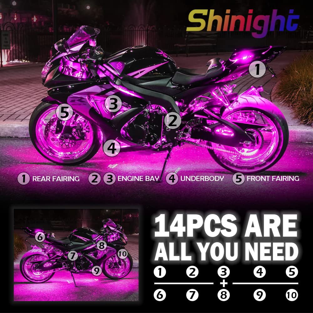 Shinight 14 Pcs Motorcycle Led Light Kits, App Control Multicolor Waterproof Motorcycle Led Strip Lights With Rf Remote, Music S