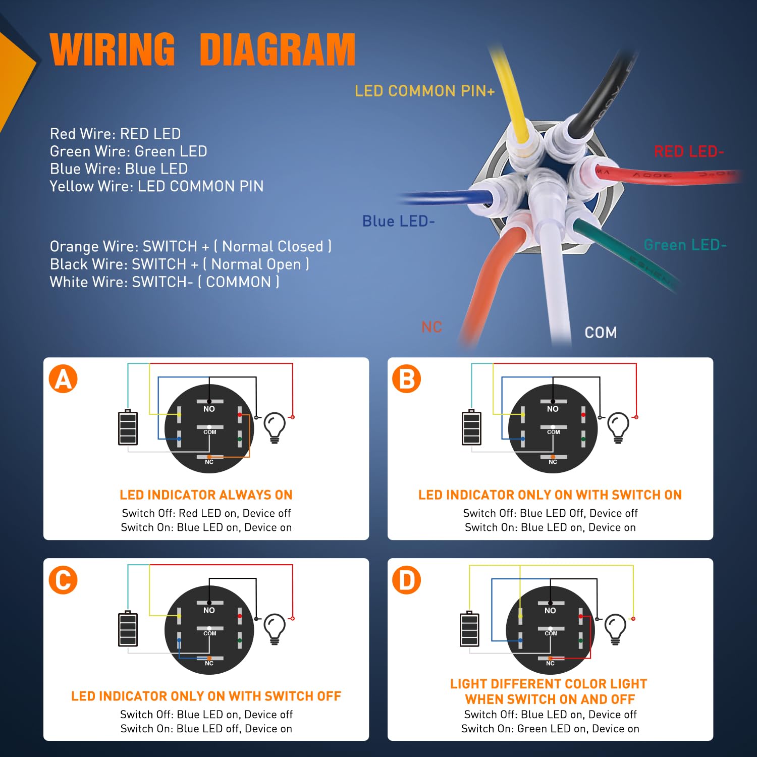 Nilight 3Pcs Rgb Toggle Switch 12-24V Rocker Switch Red Green Blue Led Lighted W/Pre-Wired Harness Stainless Steel Latching On O