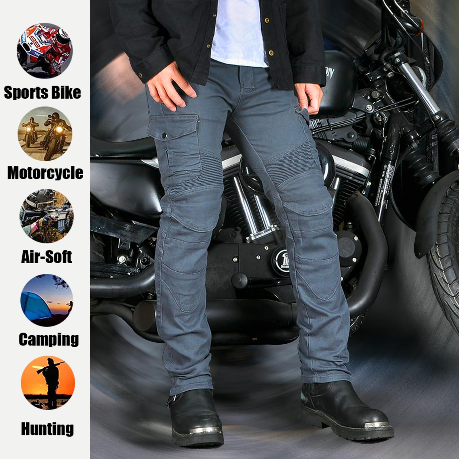 LOMENG Motorcycle Pants Motorbike Riding Denim Jeans Biker Motocross Pants with CE Removable Armored for Men Grey L