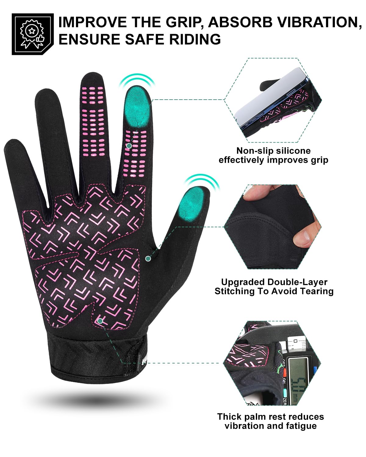 RIGWARL Women's Motorcycle Gloves - Touchscreen, Breathable, Non-Slip, X-Large, Pink Skull