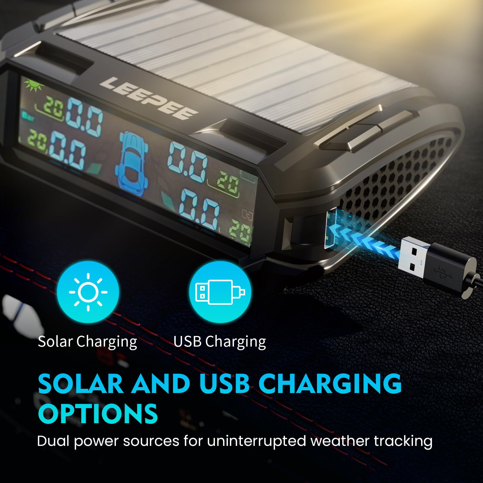 leepee Car Tire Pressure Monitoring System, Auto Security Alarm Systems Digital LCD Display Tyre Temperature Monitor USB/Solar T