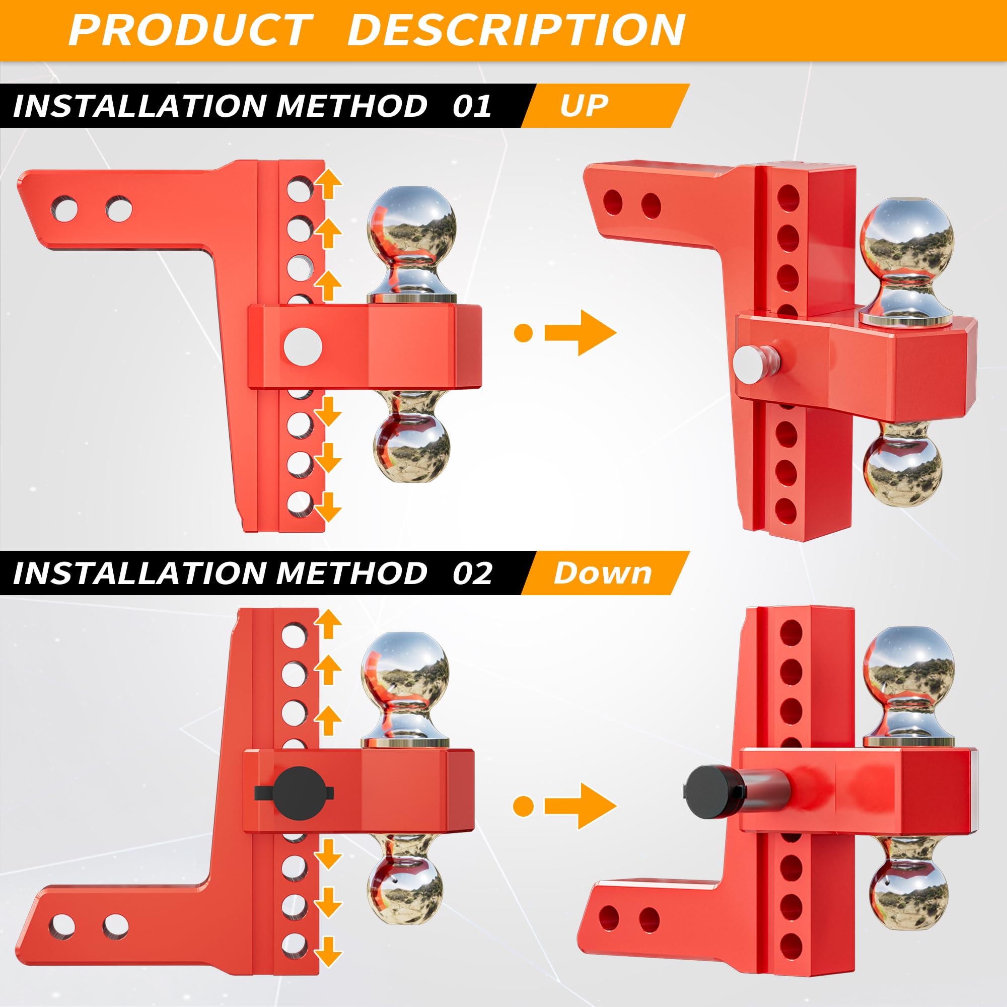 Locame Adjustable Trailer Hitch, Fits 2-Inch Receiver Only, 8-Inch Drop/Rise Aluminum Drop Hitch,12,500 Lbs Gtw-Tow Hitch For He