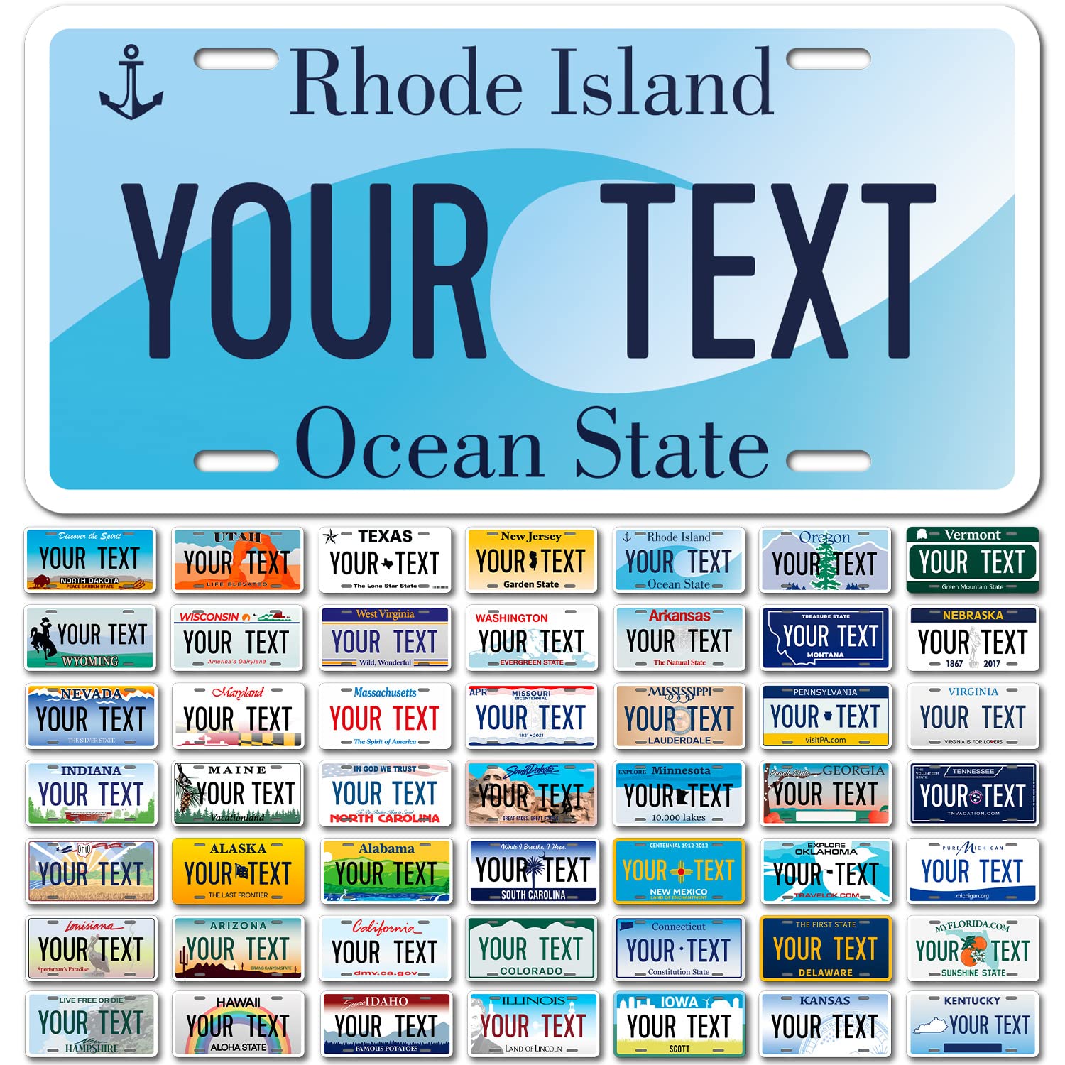 Custom Rhode Island, Mini License Plate, Personalized 50 States Fake License Plate For Front Of Car Sign, 3X6 Inches, Rust Free .040 Aluminum, Fade Resistant, Made In The Usa By Sigo Signs,