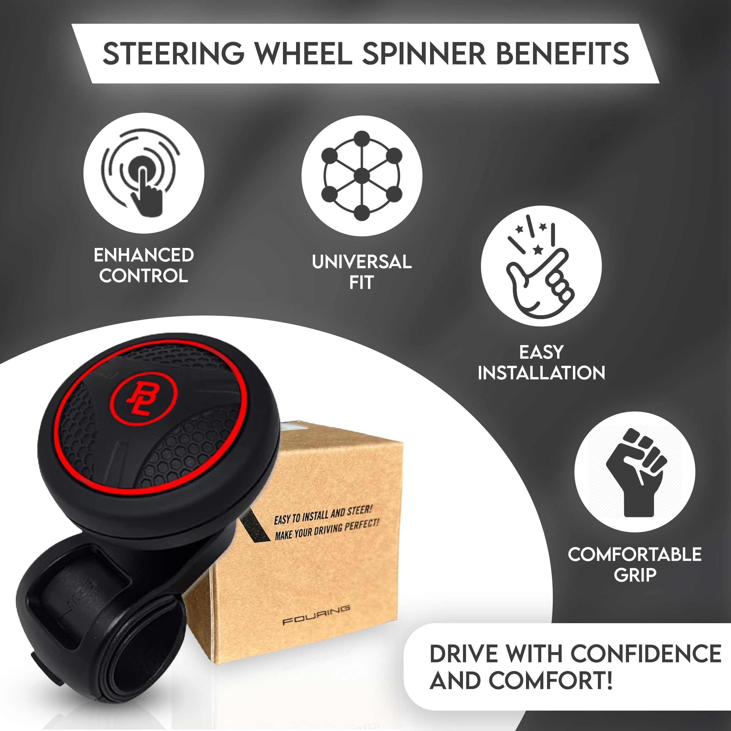 FOURING BL Steering Wheel Knob Spinner - Universal Non-Slip, ABS & Silicone, Regular Size, Silicone Red, Model 4347608159