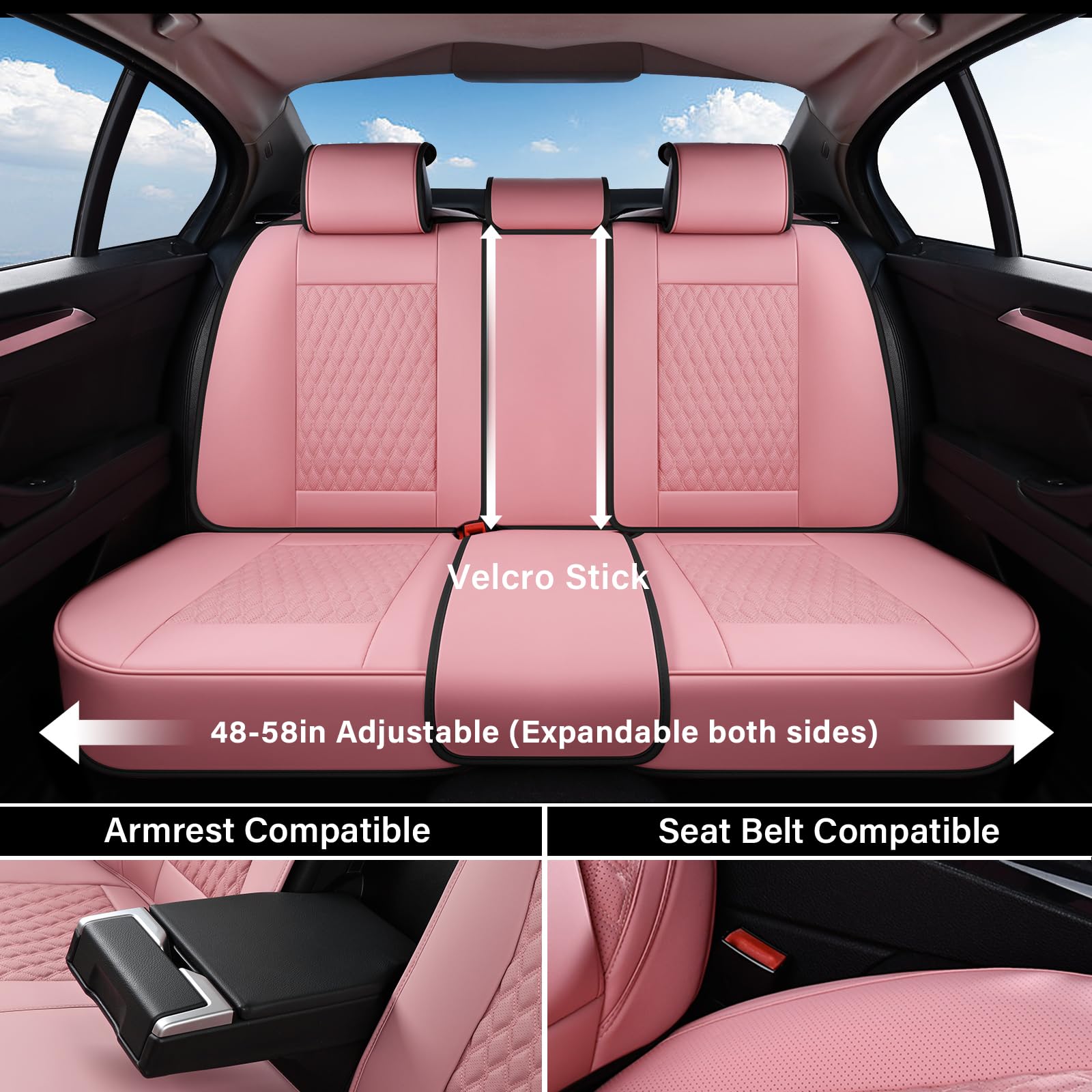 Coverado Pink Leather Seat Covers Full Set, Waterproof with Lumbar Support, Model B8859