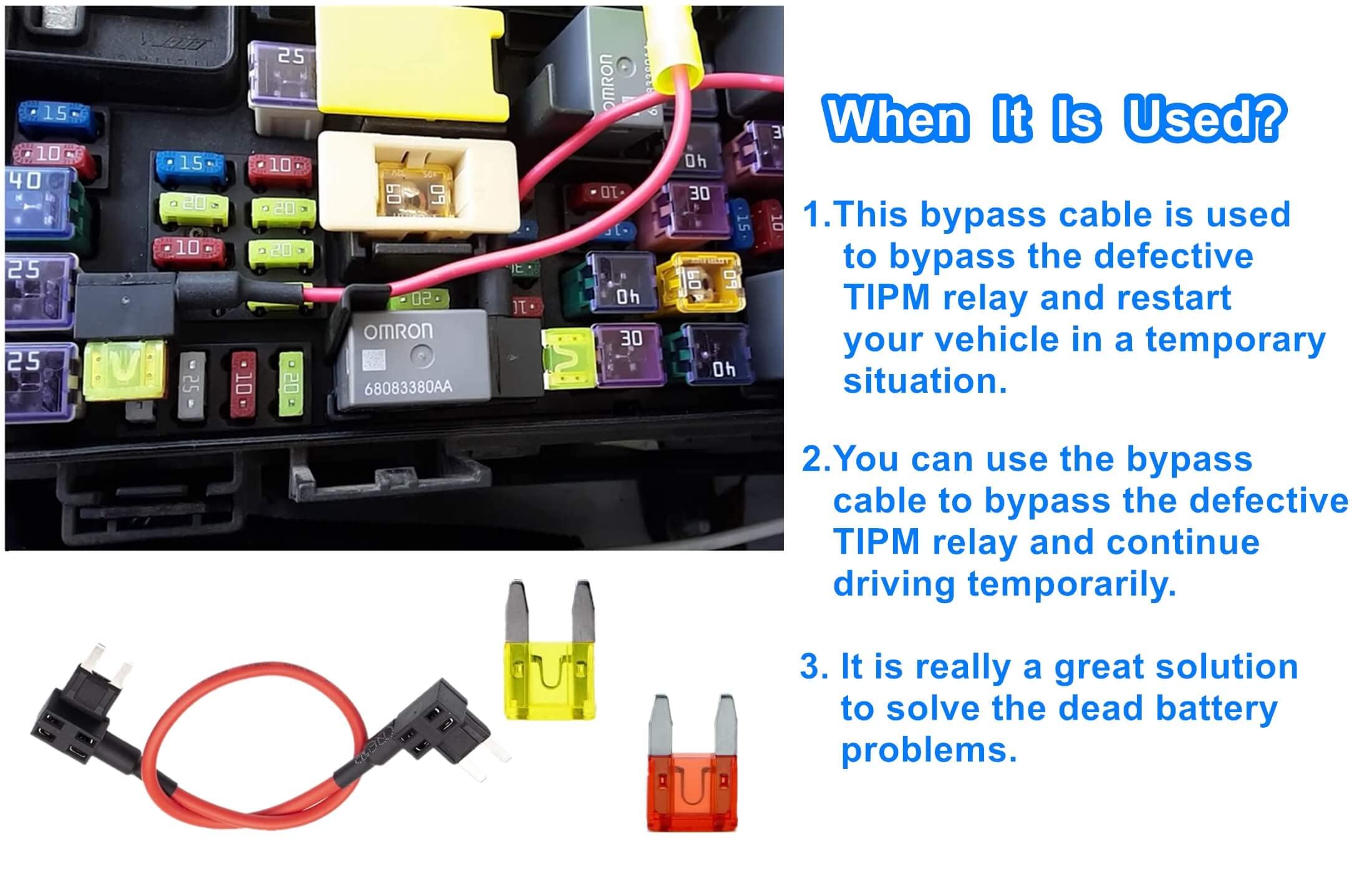 XYWZV TIPM Bypass Cable - Fuel Pump Relay Adapter, 14AWG Wire, Compatible with Dodge Ram 1500/2500/3500, Jeep, Chrysler, VW