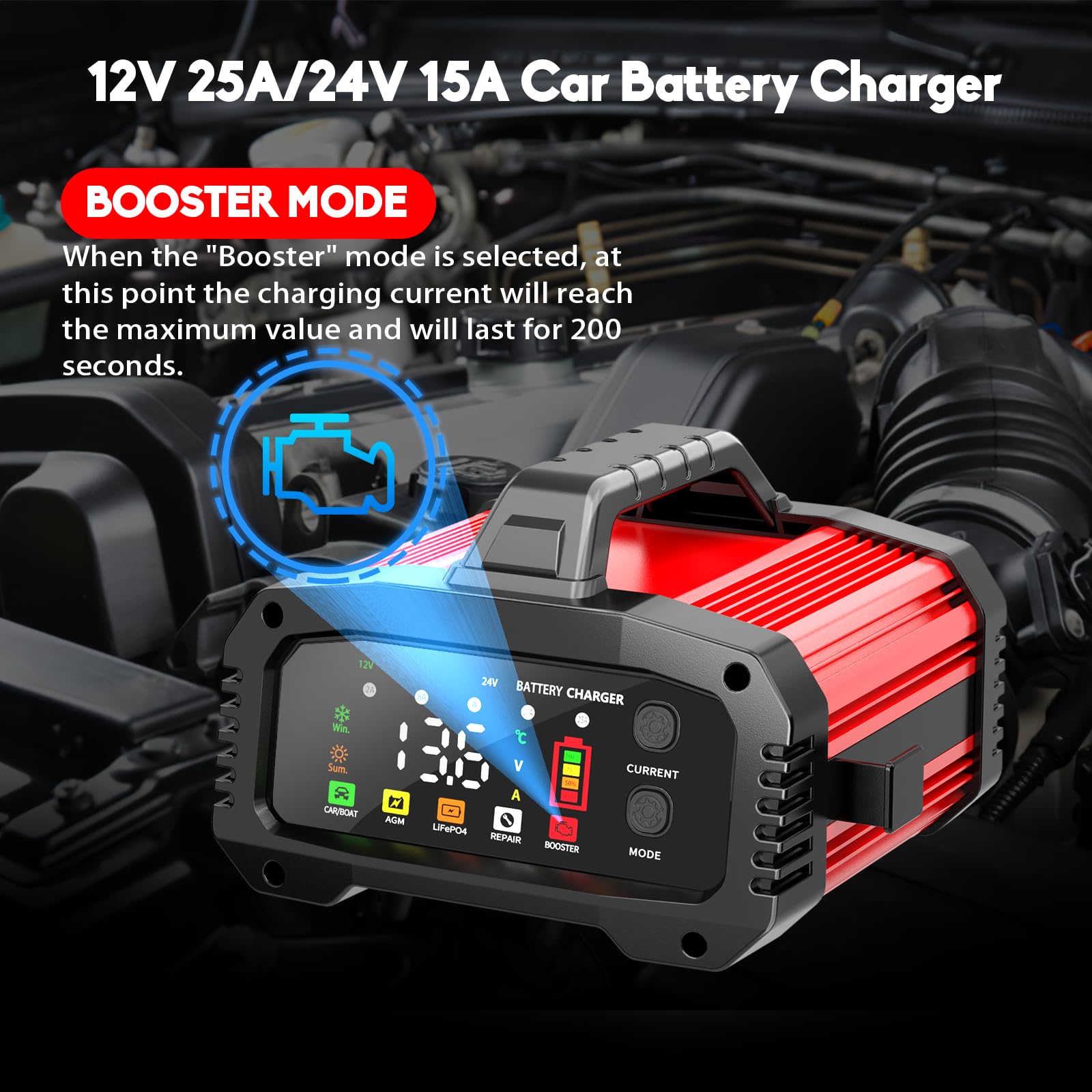 YONHAN 8 Amp Smart Car Battery Charger - 12V/24V, LCD Screen, Pulse Repair, Fireproof ABS, Red & Black, Model zyx-J30, Compact Size