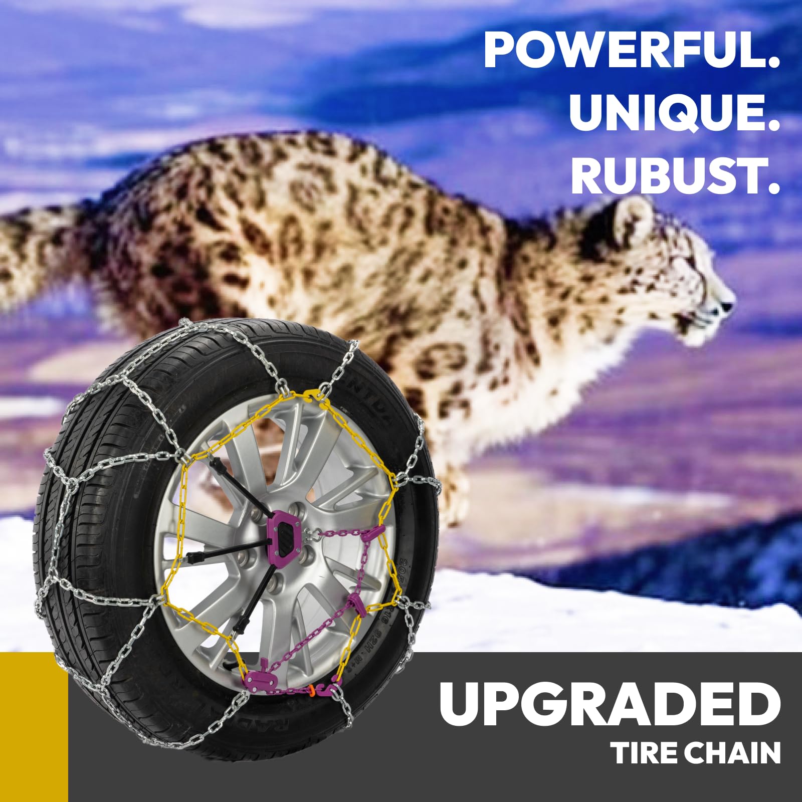 SNOCATENA Auto Tightening Snow Chains - Quick Fit Reusable Tire Chains for Winter, Model SP1547A, Set of 2