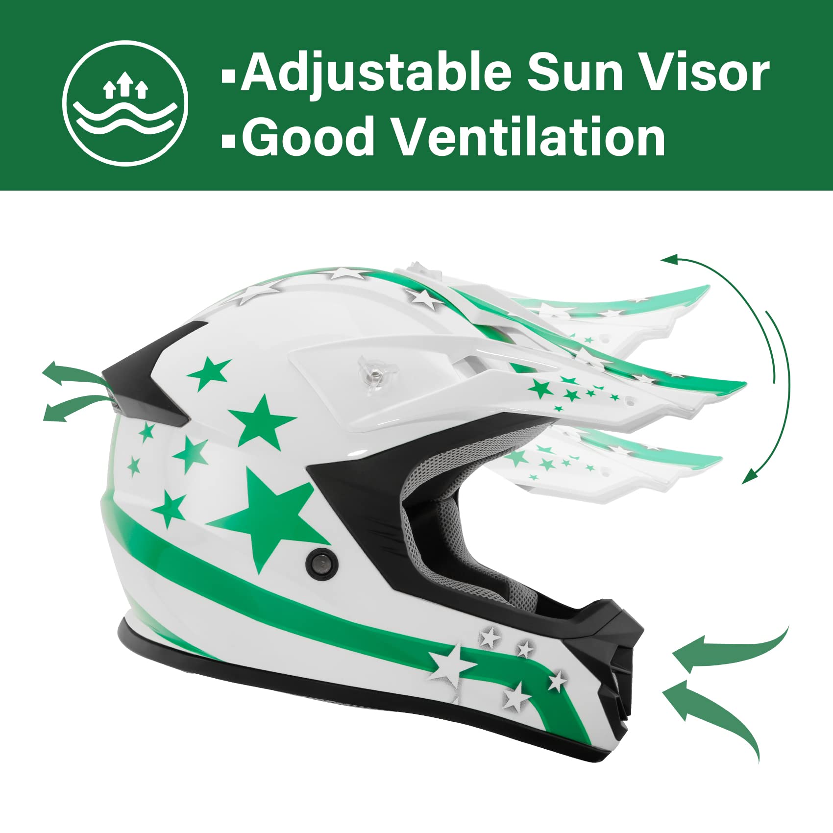 Tct-Motorparts Dot Youth Atv Helmets W/Goggles+Gloves Kids Motocross Offroad Street Dirt Bike Helmet+Gloves+Goggles White W/Green Star Xl
