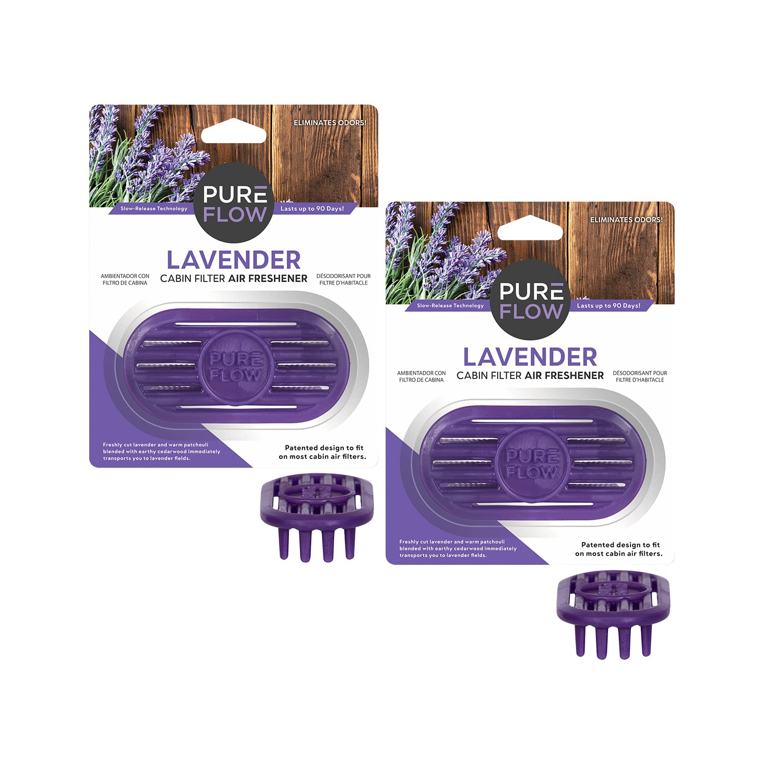 Pureflow Cabin Filter Air Freshener with Odor Eliminator - Fits on Most Car, Truck, and SUV Cabin Air Filters - Lavender (Pack o